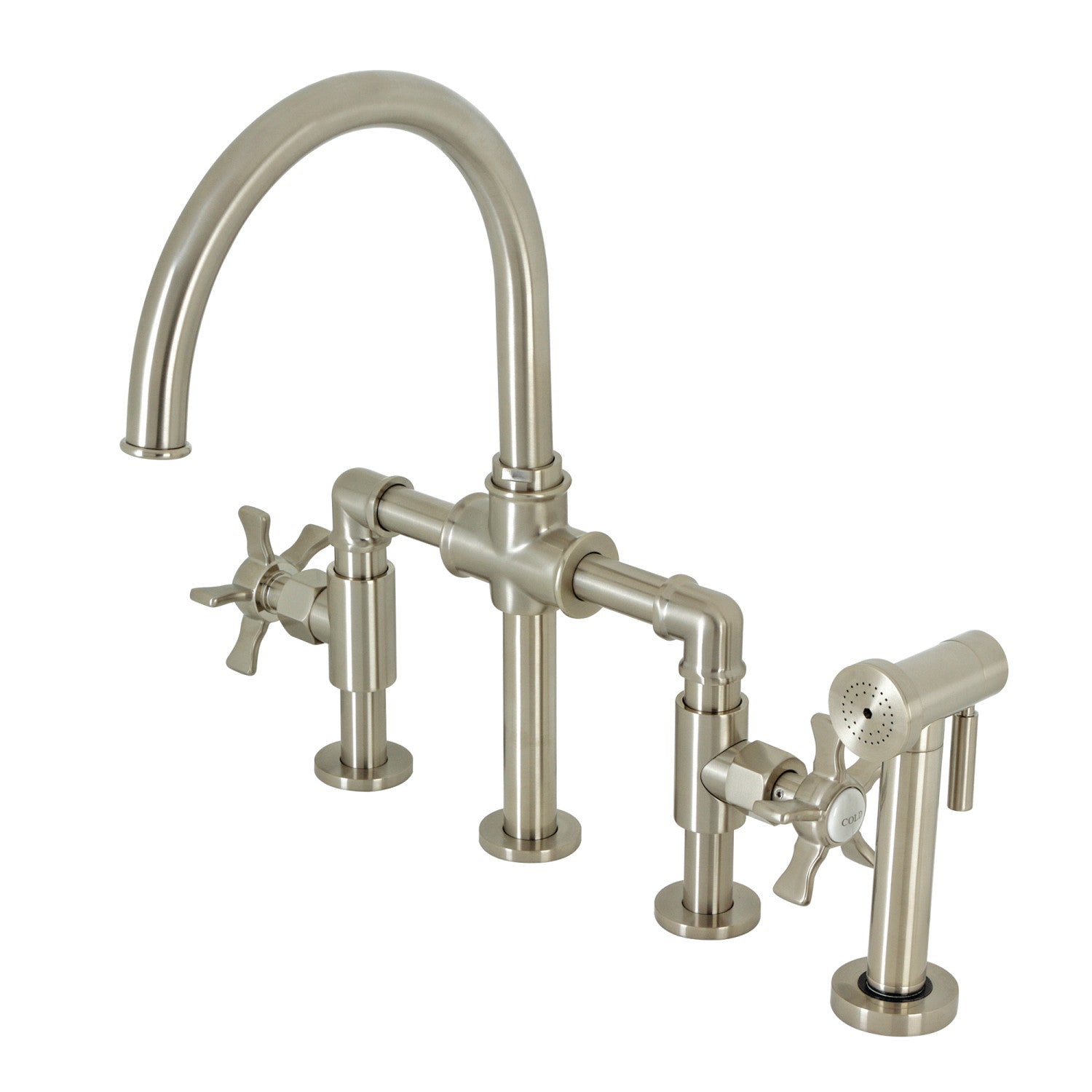 Kingston Sona KS2338NX - Hamilton Two-Handle 4-Hole Deck Mount Industrial Style Bridge Kitchen Faucet with Brass Sprayer, Brushed Nickel