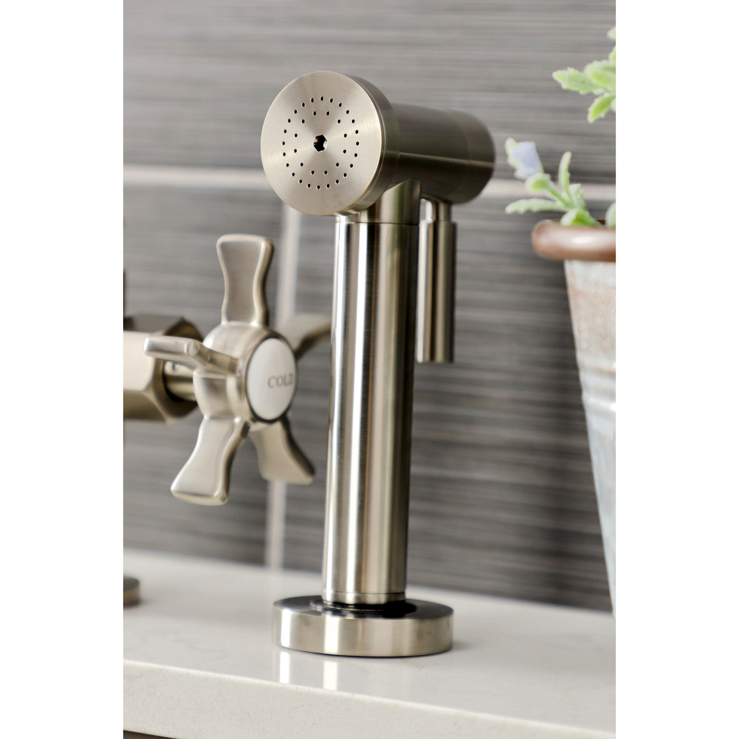 Kingston Sona KS2338NX - Hamilton Two-Handle 4-Hole Deck Mount Industrial Style Bridge Kitchen Faucet with Brass Sprayer, Brushed Nickel — thumbnail 2