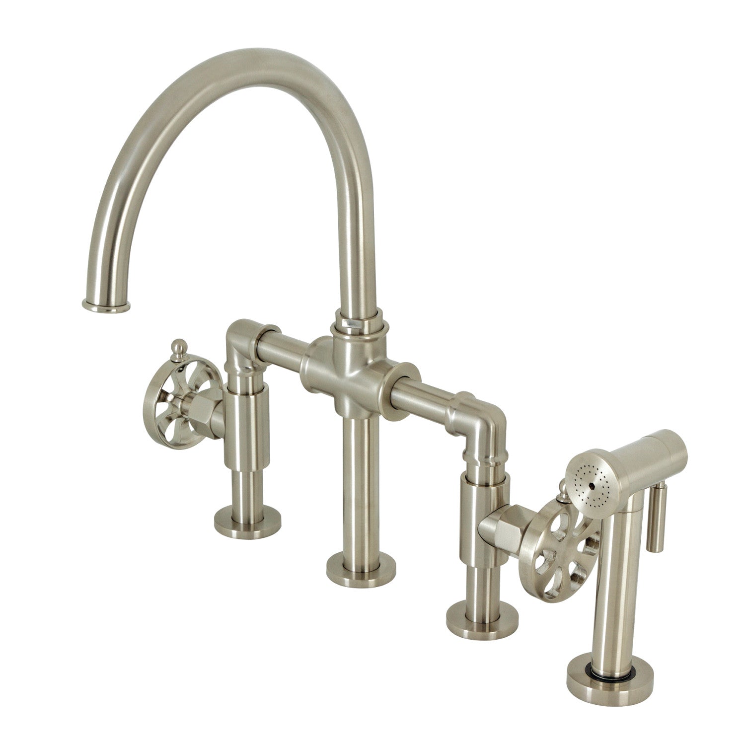 Kingston Sona KS2338RX - Belknap Two-Handle 4-Hole Deck Mount Industrial Style Bridge Kitchen Faucet with Brass Sprayer, Brushed Nickel