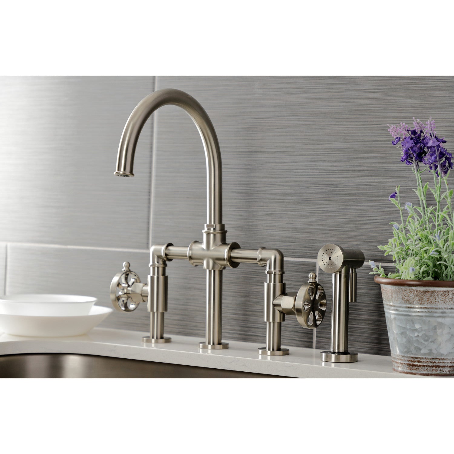 Kingston Sona KS2338RX - Belknap Two-Handle 4-Hole Deck Mount Industrial Style Bridge Kitchen Faucet with Brass Sprayer, Brushed Nickel — thumbnail 2