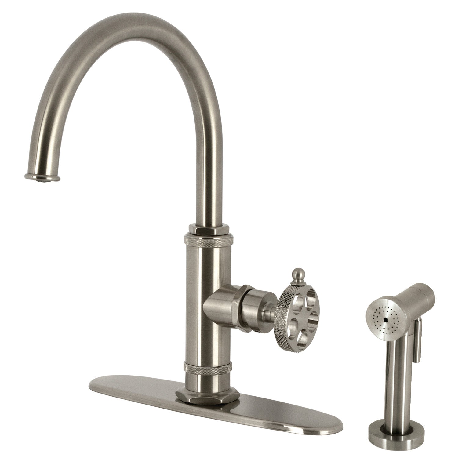 Kingston Sona KS2438RKX - Webb Single-Handle 1-Hole Deck Mount Kitchen Faucet with Knurled Handle and Brass Side Sprayer, Brushed Nickel — image 1