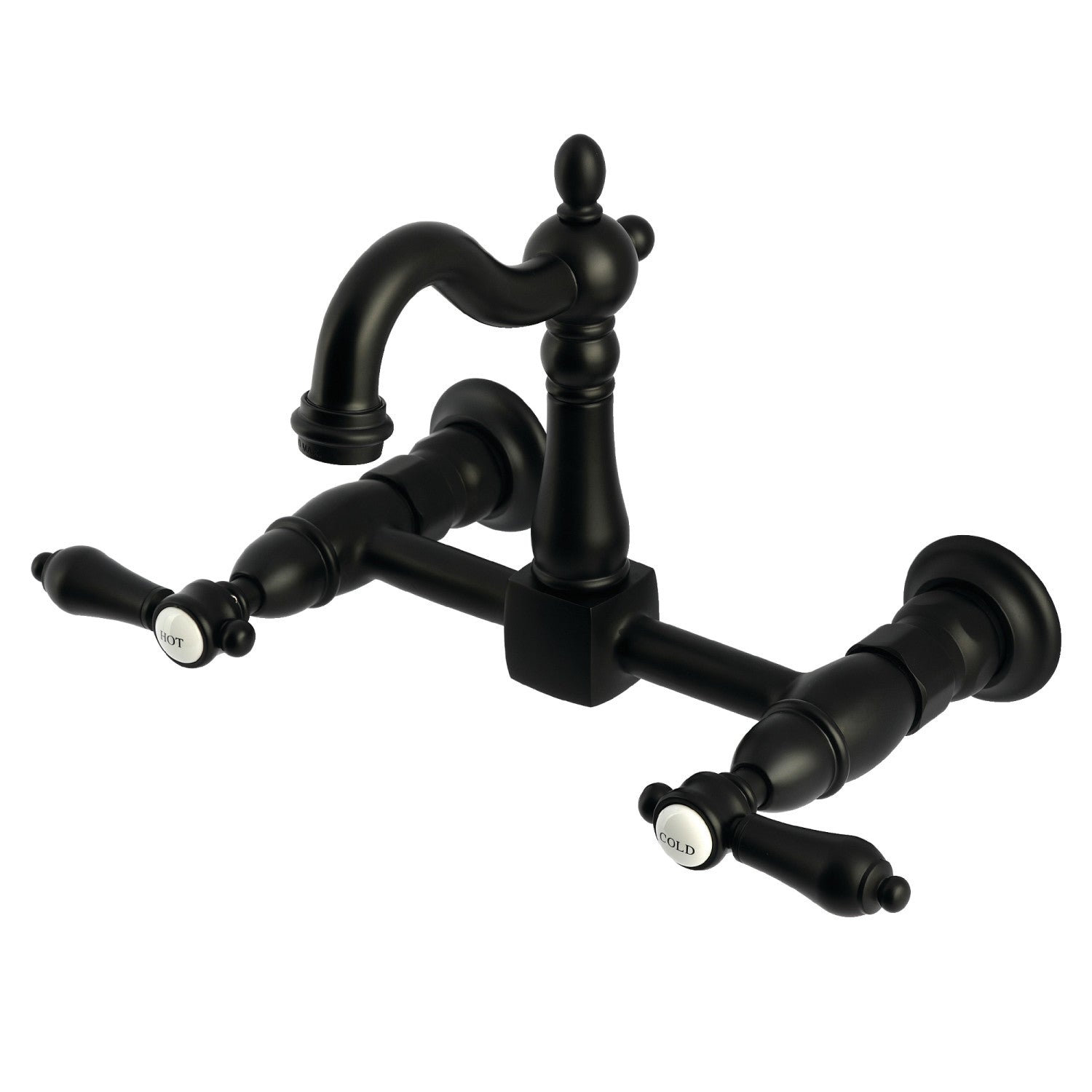 Kingston Heirloom KS2440BAL - Heirloom Two-Handle 2-Hole Wall Mount Bridge Kitchen Faucet, Matte Black