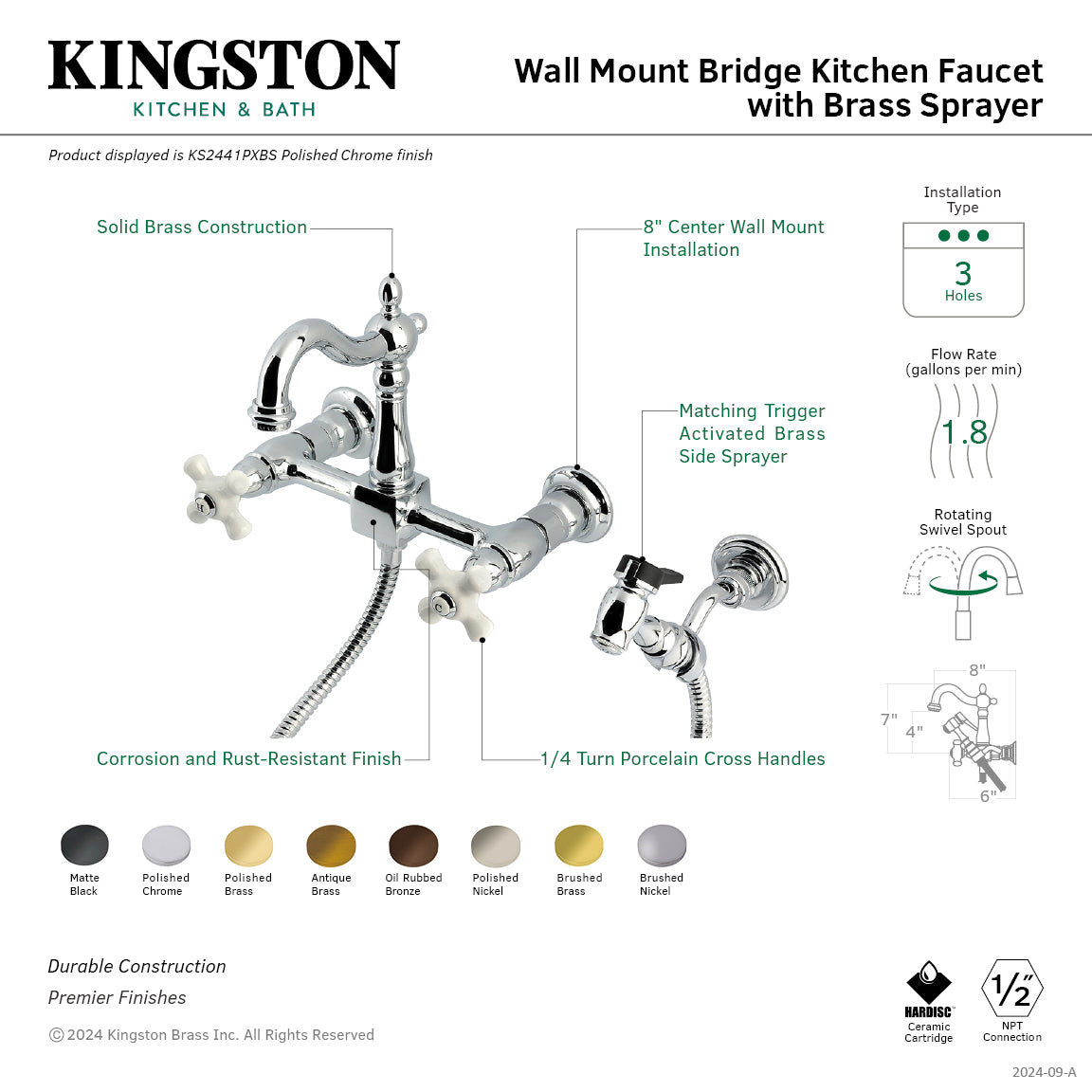 Kingston Heirloom KS2440PXBS - Heritage Two-Handle 3-Hole Wall Mount Bridge Kitchen Faucet with Brass Sprayer, Matte Black — thumbnail 2