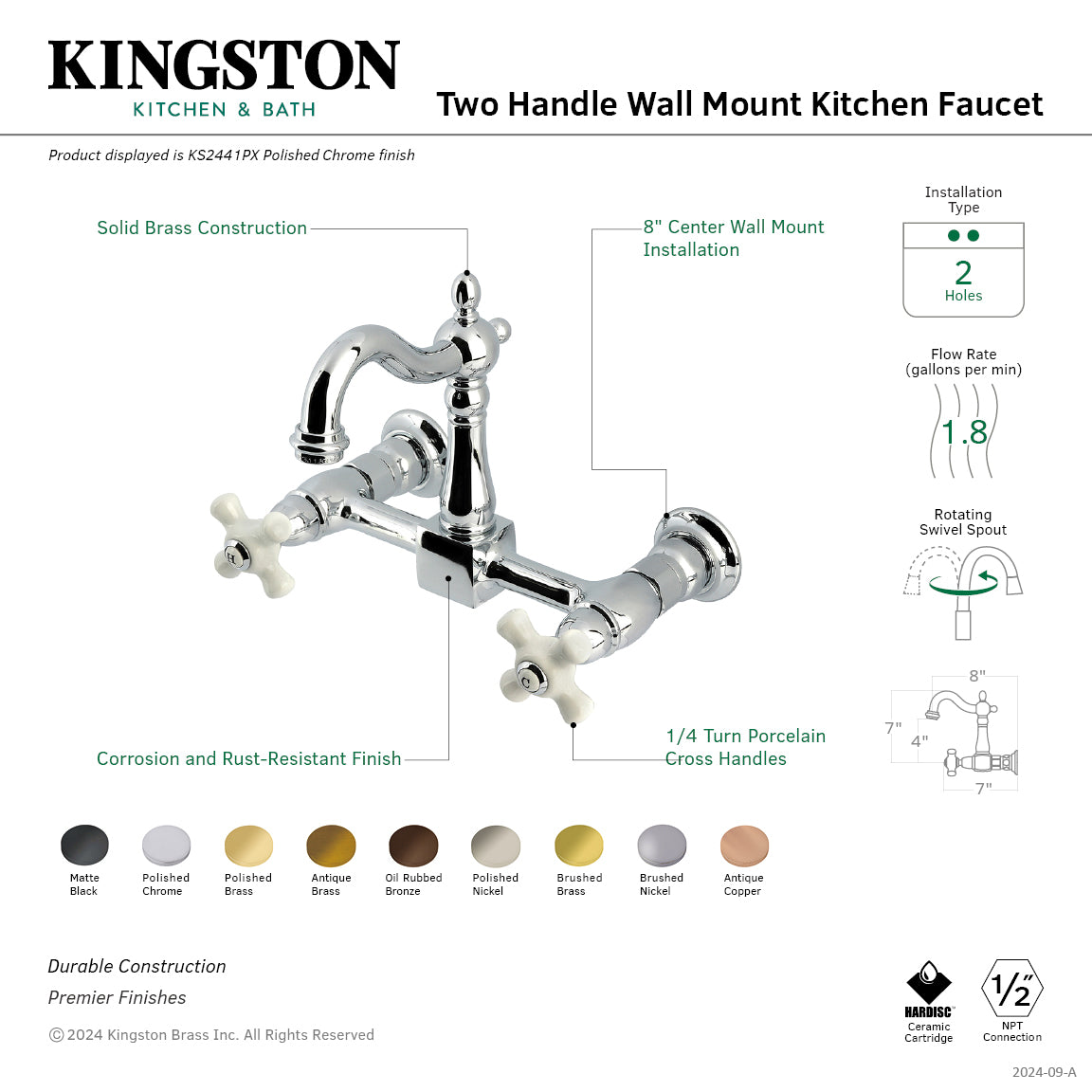 Kingston Heirloom KS2441PX - Heritage Two-Handle 2-Hole Wall Mount Bridge Kitchen Faucet, Polished Chrome — thumbnail 2