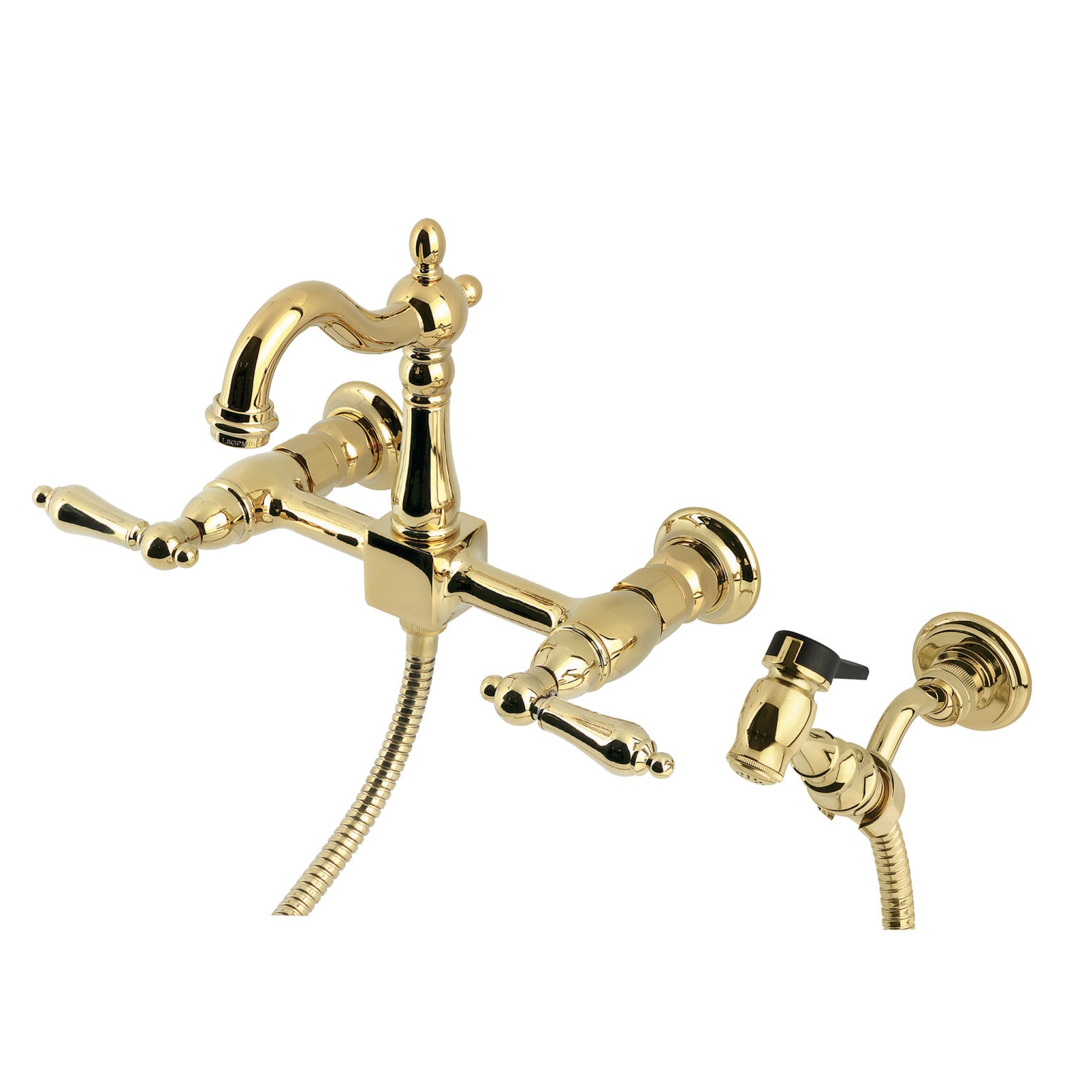 Kingston Heirloom KS2442ALBS - Heritage Two-Handle 3-Hole Wall Mount Bridge Kitchen Faucet with Brass Sprayer, Polished Brass