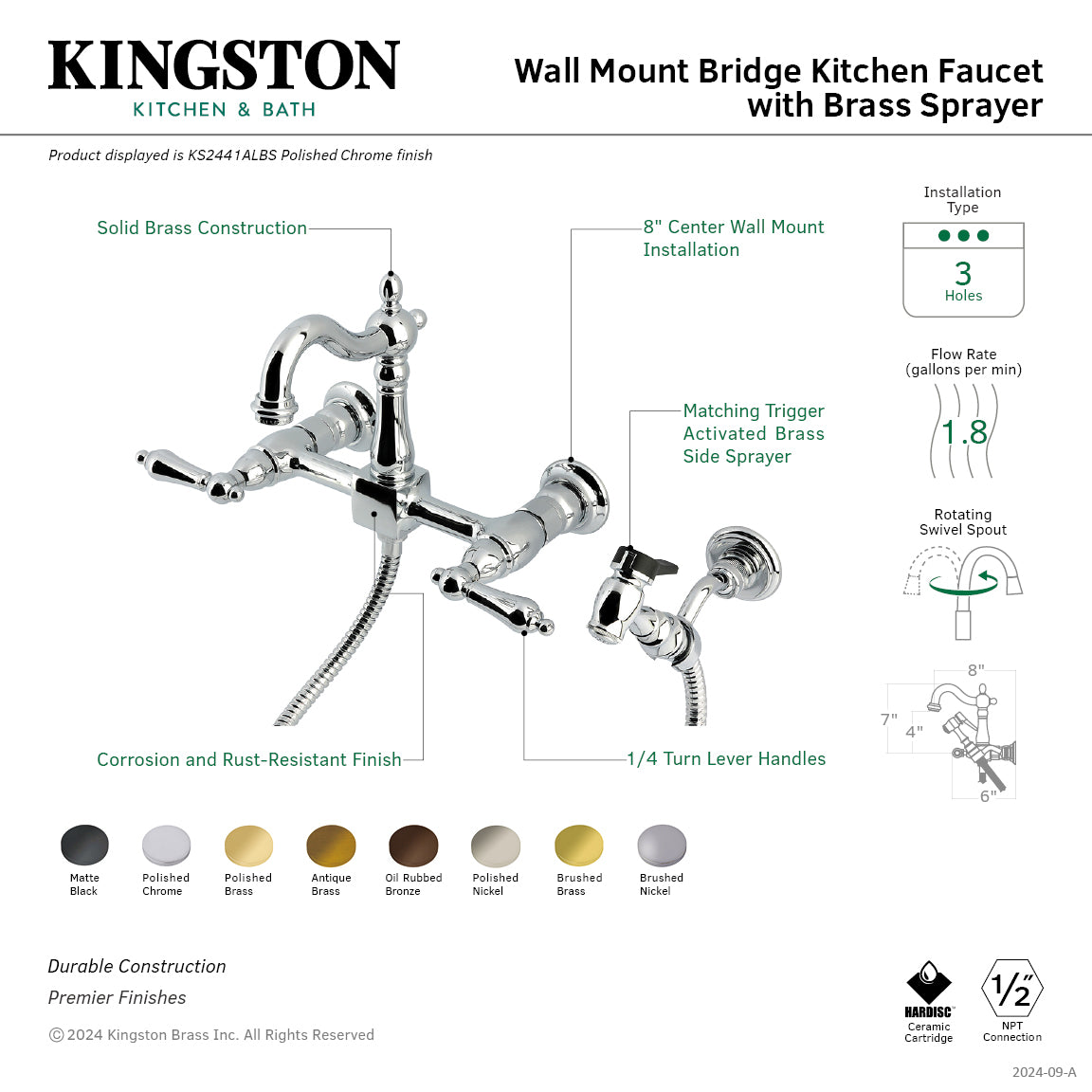 Kingston Heirloom KS2442ALBS - Heritage Two-Handle 3-Hole Wall Mount Bridge Kitchen Faucet with Brass Sprayer, Polished Brass — thumbnail 2