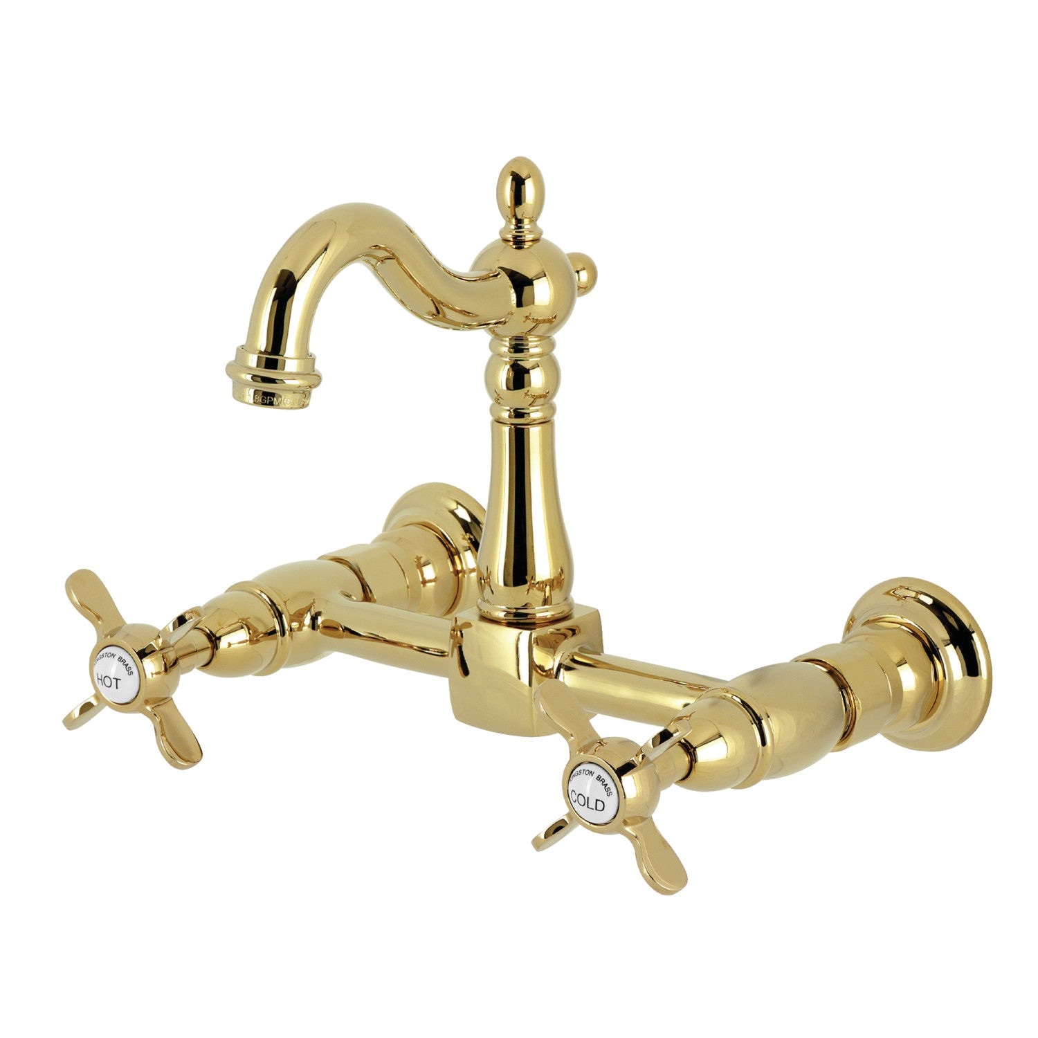 Kingston Heirloom KS2442BEX - Essex Two-Handle 2-Hole Wall Mount Bridge Kitchen Faucet, Polished Brass
