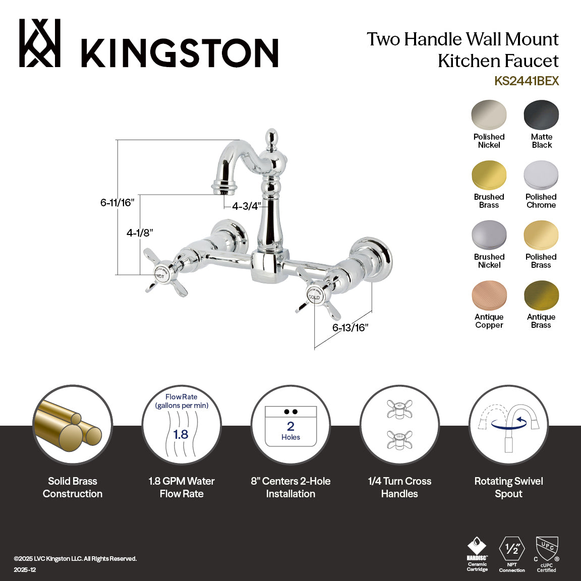 Kingston Heirloom KS2442BEX - Essex Two-Handle 2-Hole Wall Mount Bridge Kitchen Faucet, Polished Brass — thumbnail 2