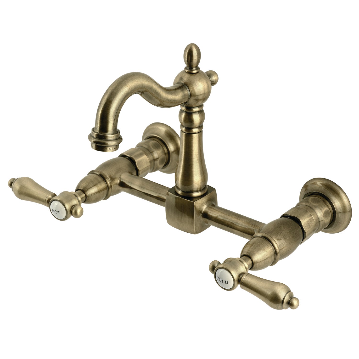 Kingston Heirloom KS2443BAL - Heirloom Two-Handle 2-Hole Wall Mount Bridge Kitchen Faucet, Antique Brass