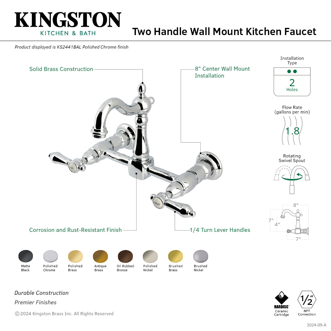 Kingston Heirloom KS2443BAL - Heirloom Two-Handle 2-Hole Wall Mount Bridge Kitchen Faucet, Antique Brass — thumbnail 2
