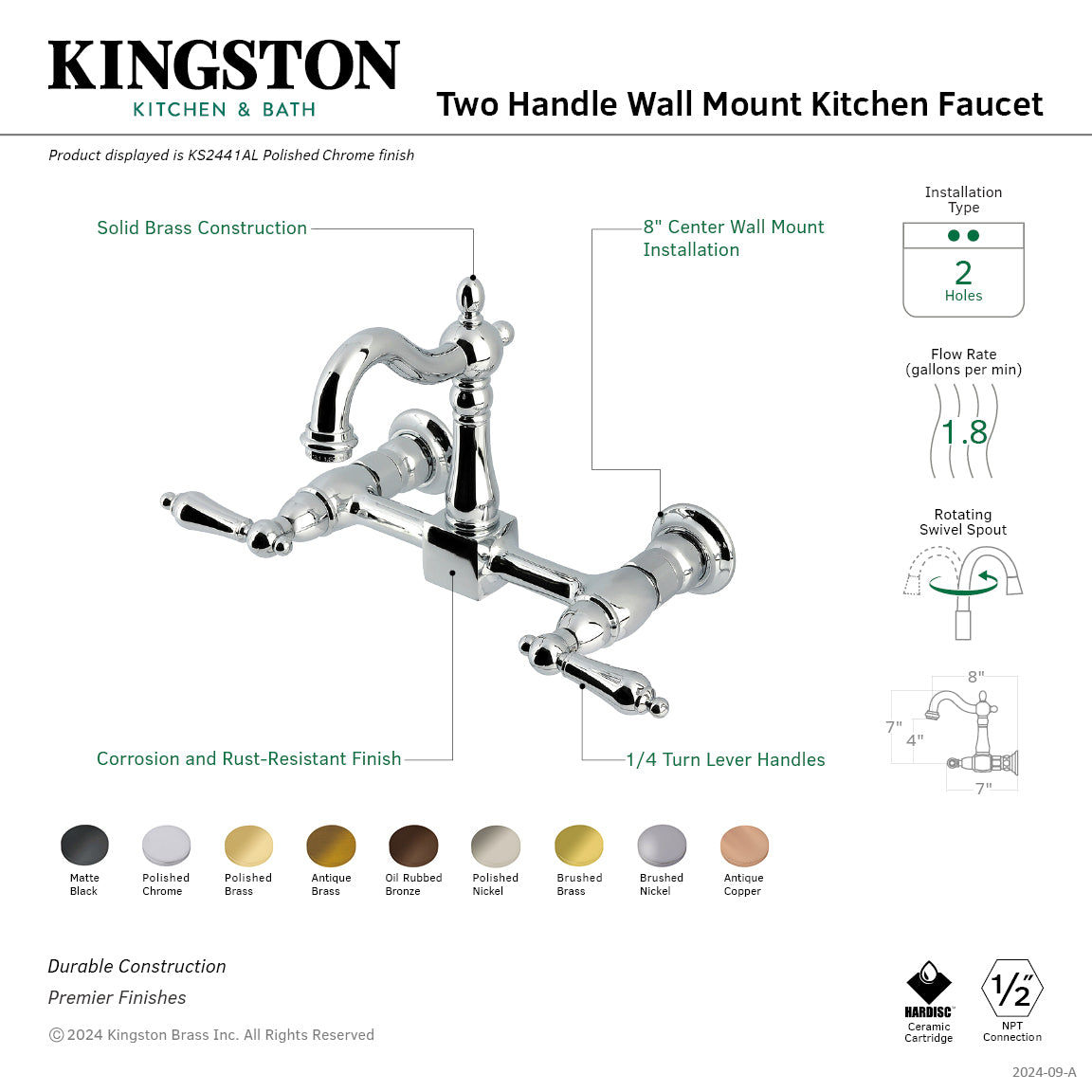 Kingston Heirloom KS2447AL - Heritage Two-Handle 2-Hole Wall Mount Bridge Kitchen Faucet, Brushed Brass — thumbnail 2