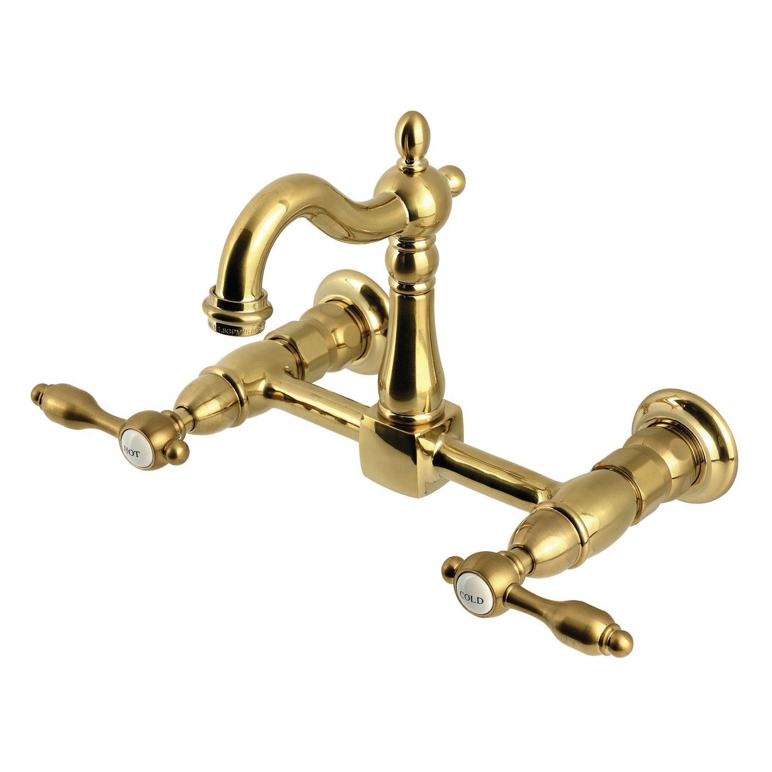 Kingston Heirloom KS2447TAL - Tudor Two-Handle 2-Hole Wall Mount Bridge Kitchen Faucet, Brushed Brass