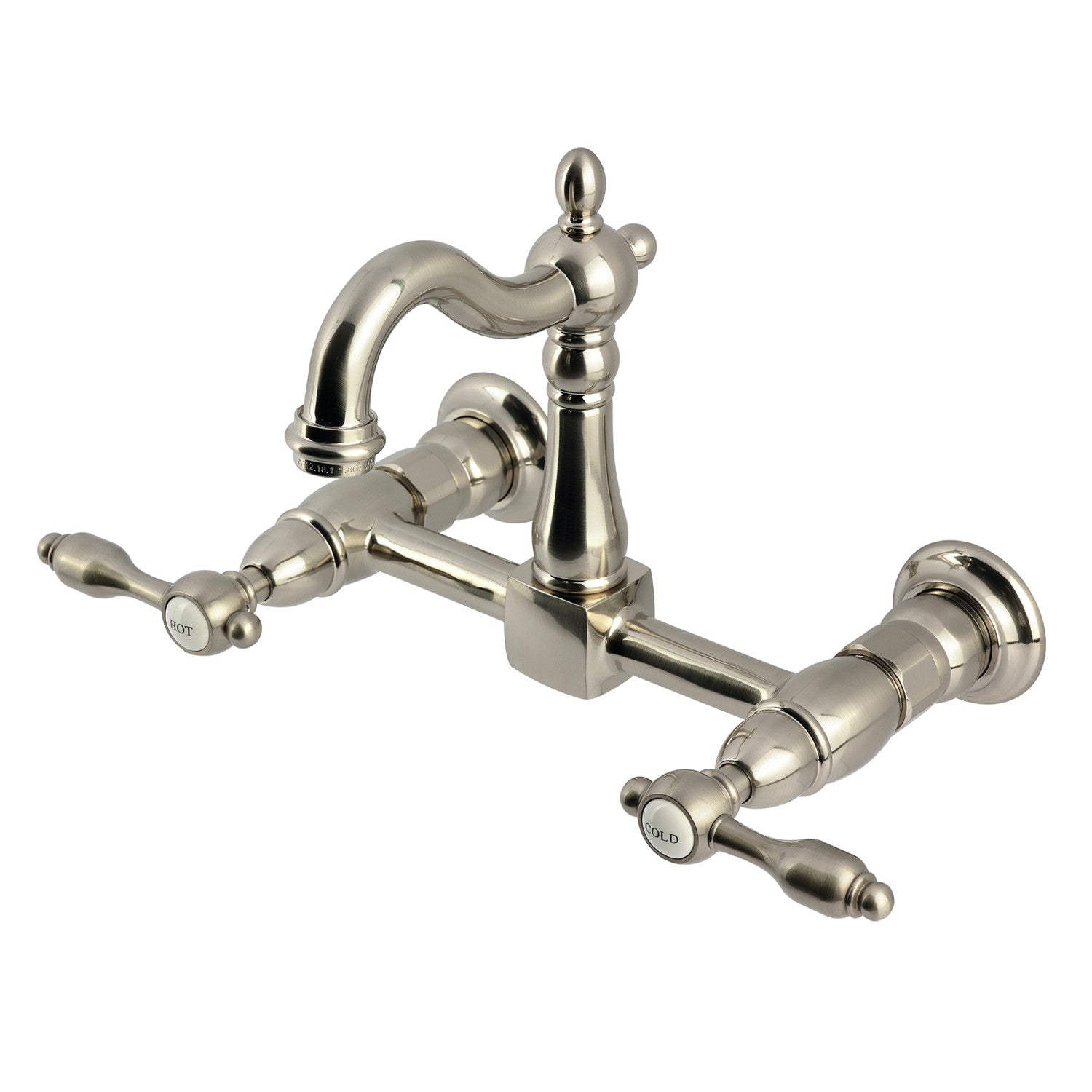 Kingston Heirloom KS2448TAL - Tudor Two-Handle 2-Hole Wall Mount Bridge Kitchen Faucet, Brushed Nickel