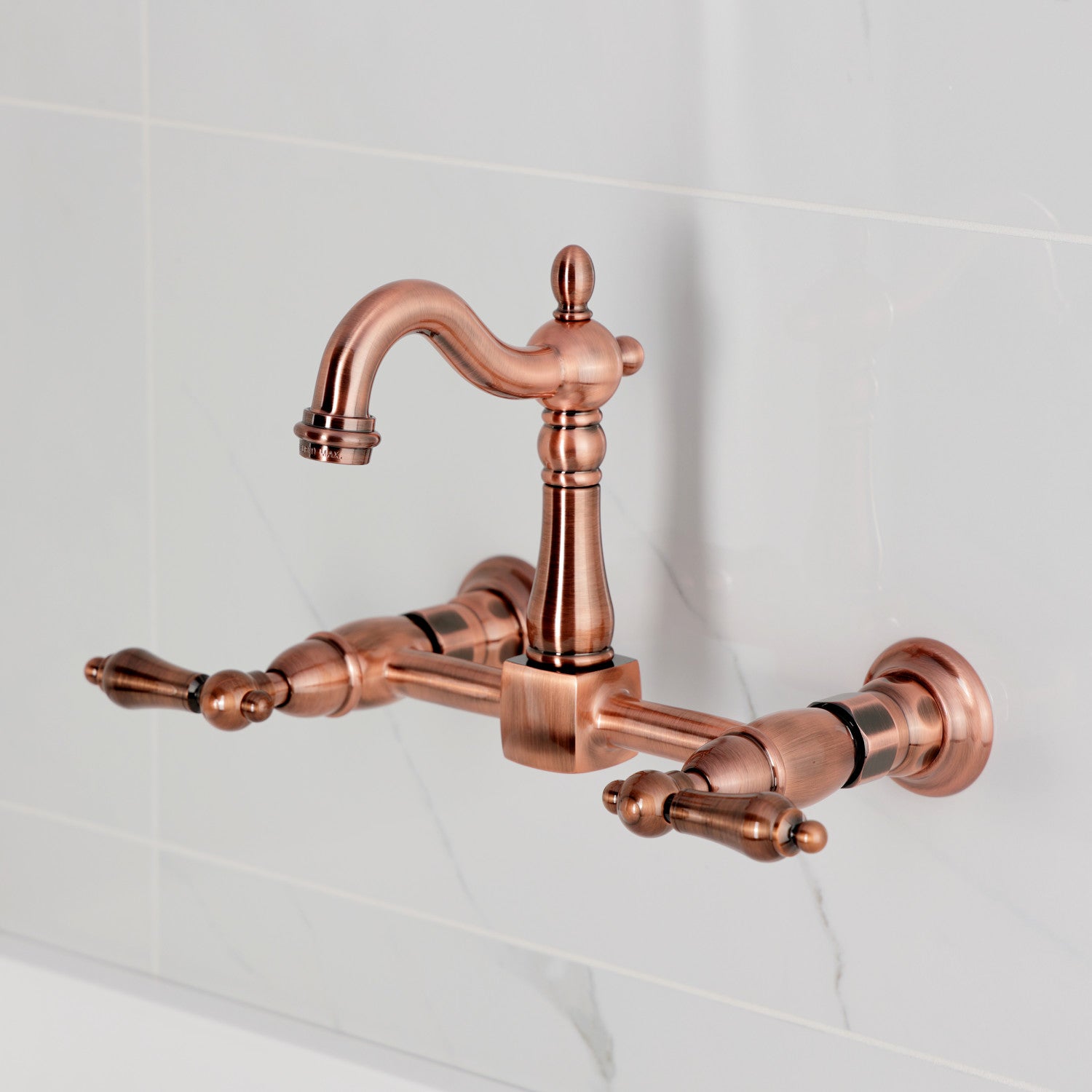 Kingston Heirloom KS244ALAC - Heritage Two-Handle 2-Hole Wall Mount Bridge Kitchen Faucet, Antique Copper — thumbnail 2
