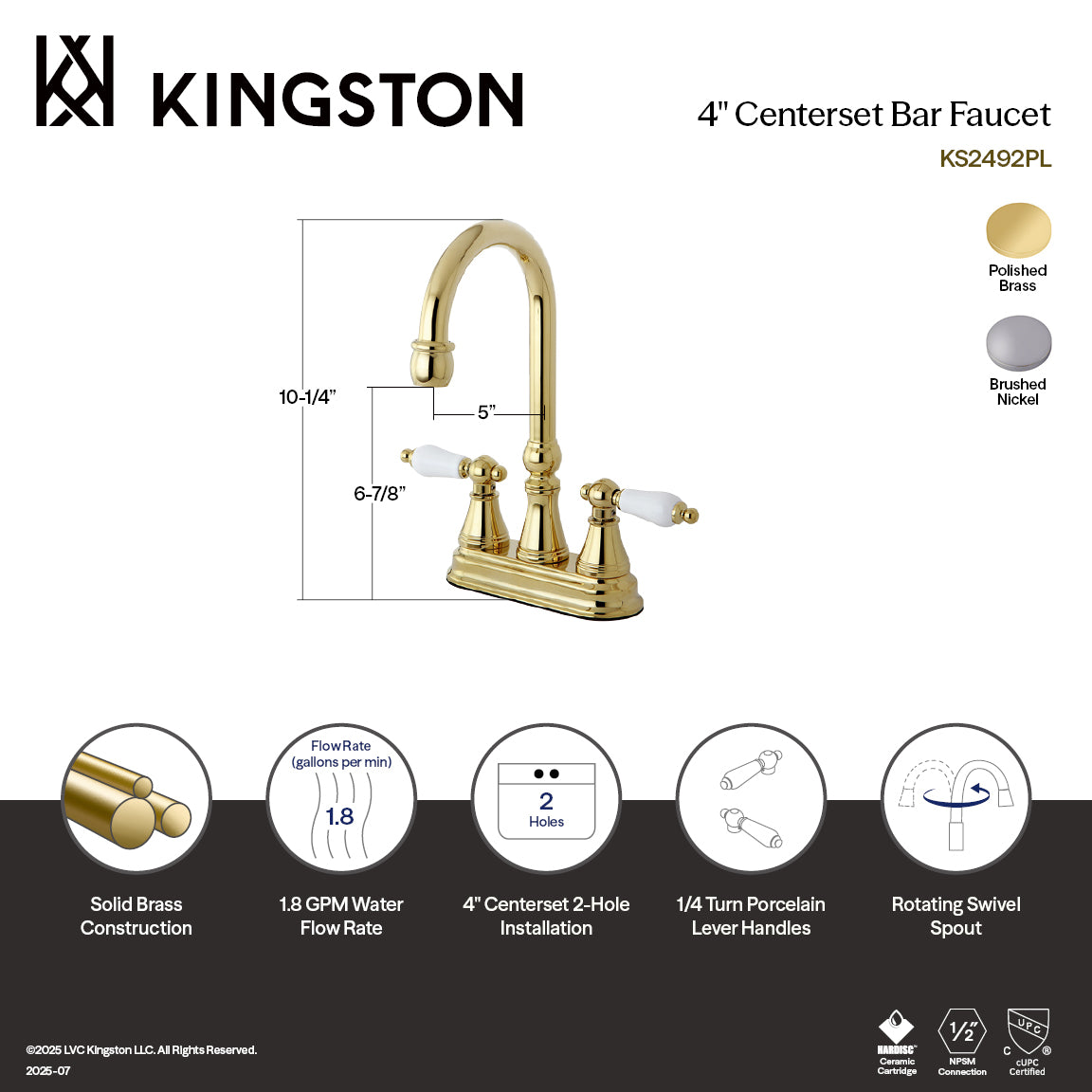 Kingston Tulare KS2492PL - Governor Two-Handle 2-Hole Deck Mount Bar Faucet, Polished Brass — thumbnail 2