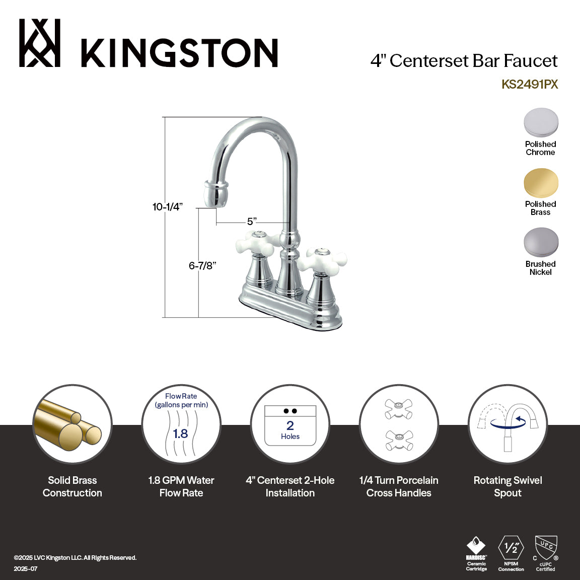 Kingston Tulare KS2498PX - Governor Two-Handle 2-Hole Deck Mount Bar Faucet, Brushed Nickel — thumbnail 2