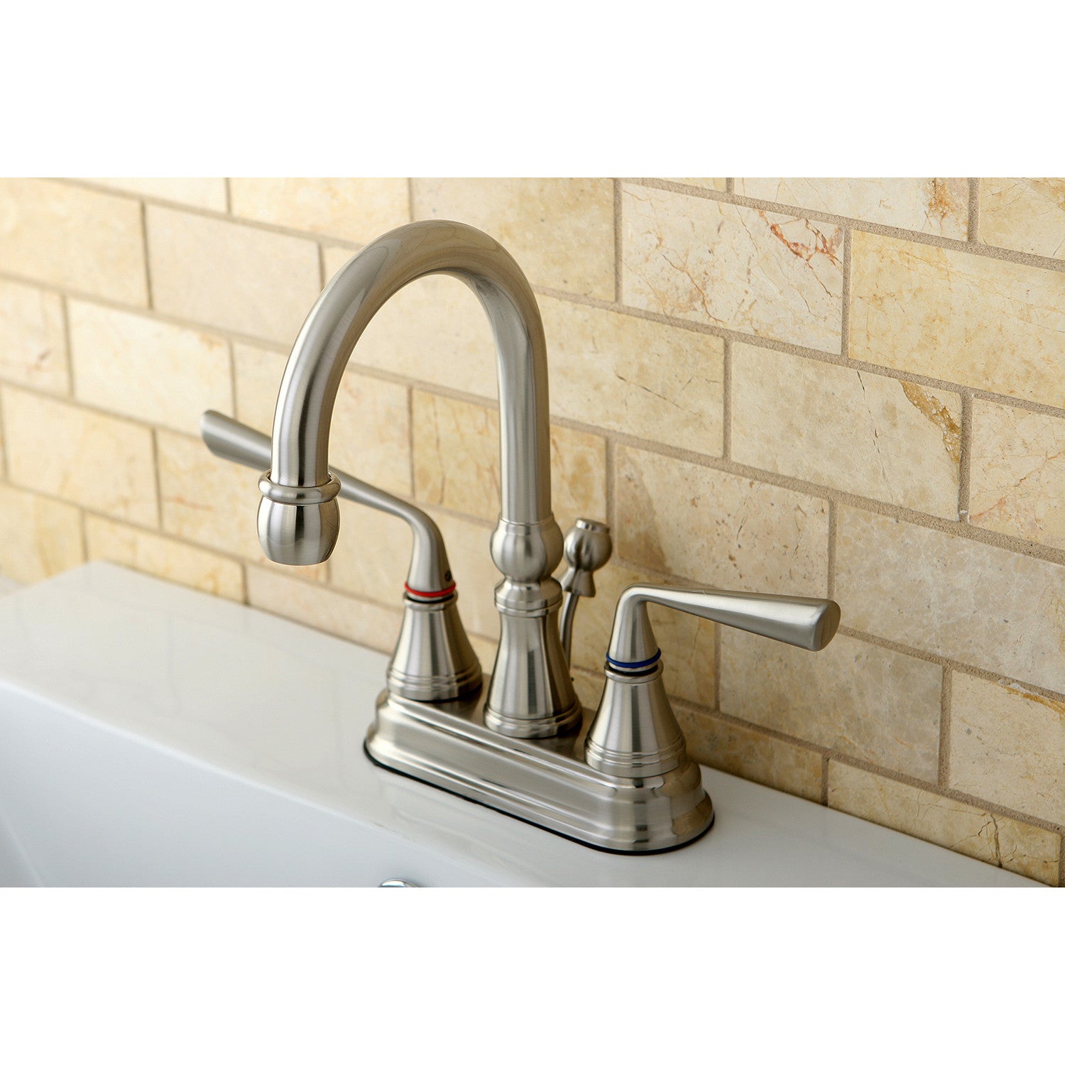 Kingston Tulare KS2618ZL - Silver Sage Double-Handle 3-Hole Deck Mount 4-Inch Centerset Bathroom Faucet with Brass Pop-Up, Brushed Nickel — thumbnail 3
