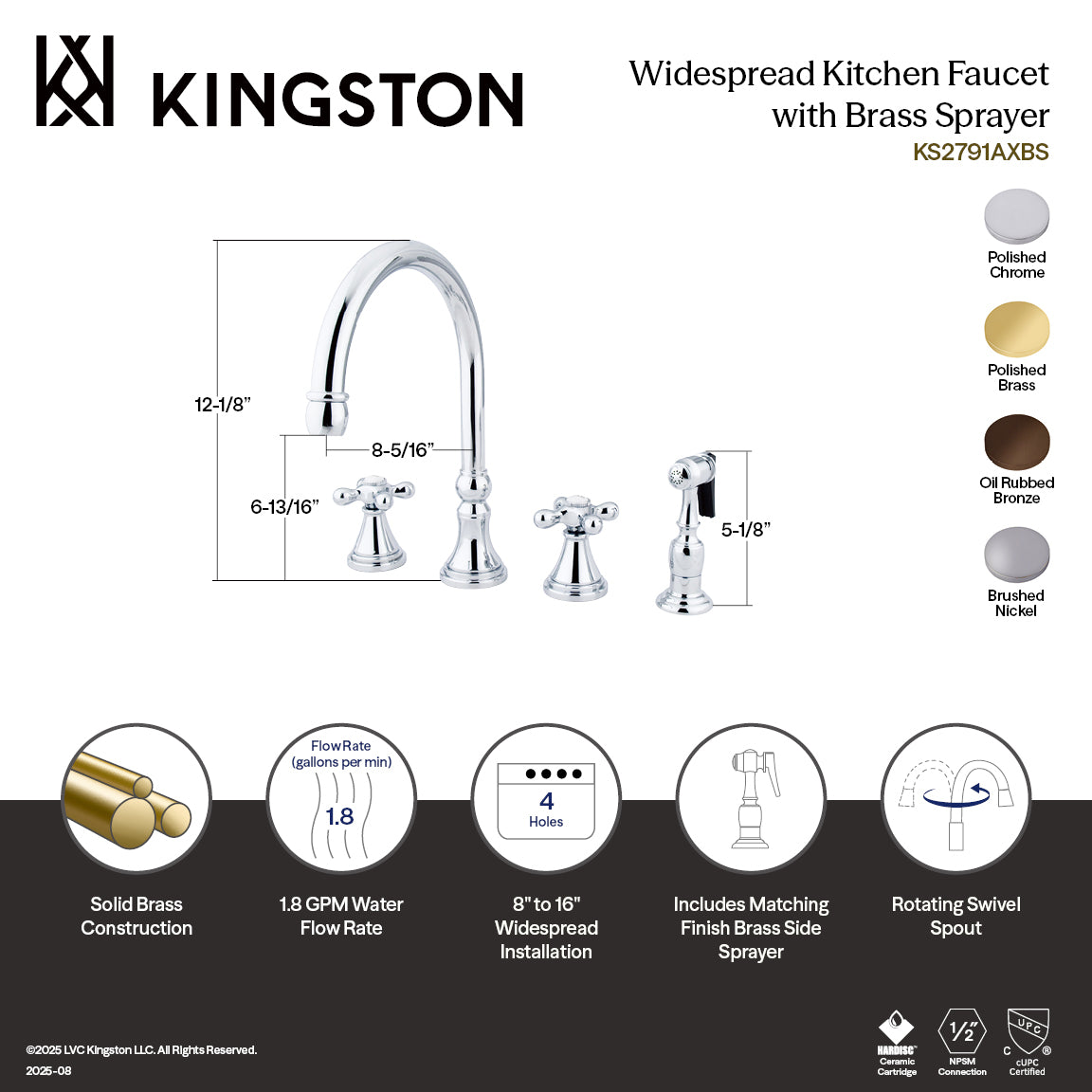 Kingston Tulare KS2791AXBS - Governor Double-Handle 4-Hole Widespread Kitchen Faucet with Brass Sprayer, Polished Chrome — thumbnail 3