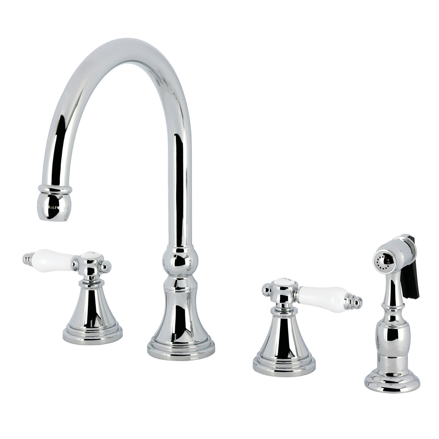 Kingston Tulare KS2791BPLBS - Bel-Air Double-Handle 4-Hole Widespread Kitchen Faucet with Brass Sprayer, Polished Chrome