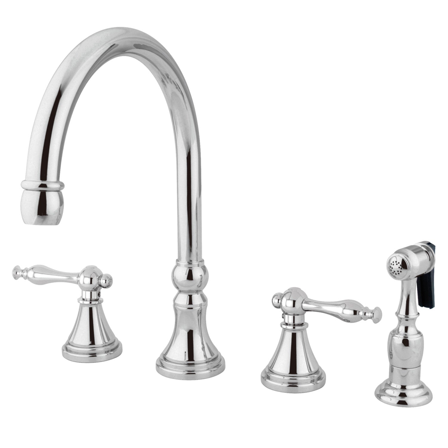 Kingston Tulare KS2791NLBS - Governor Double-Handle 4-Hole Widespread Kitchen Faucet with Brass Sprayer, Polished Chrome