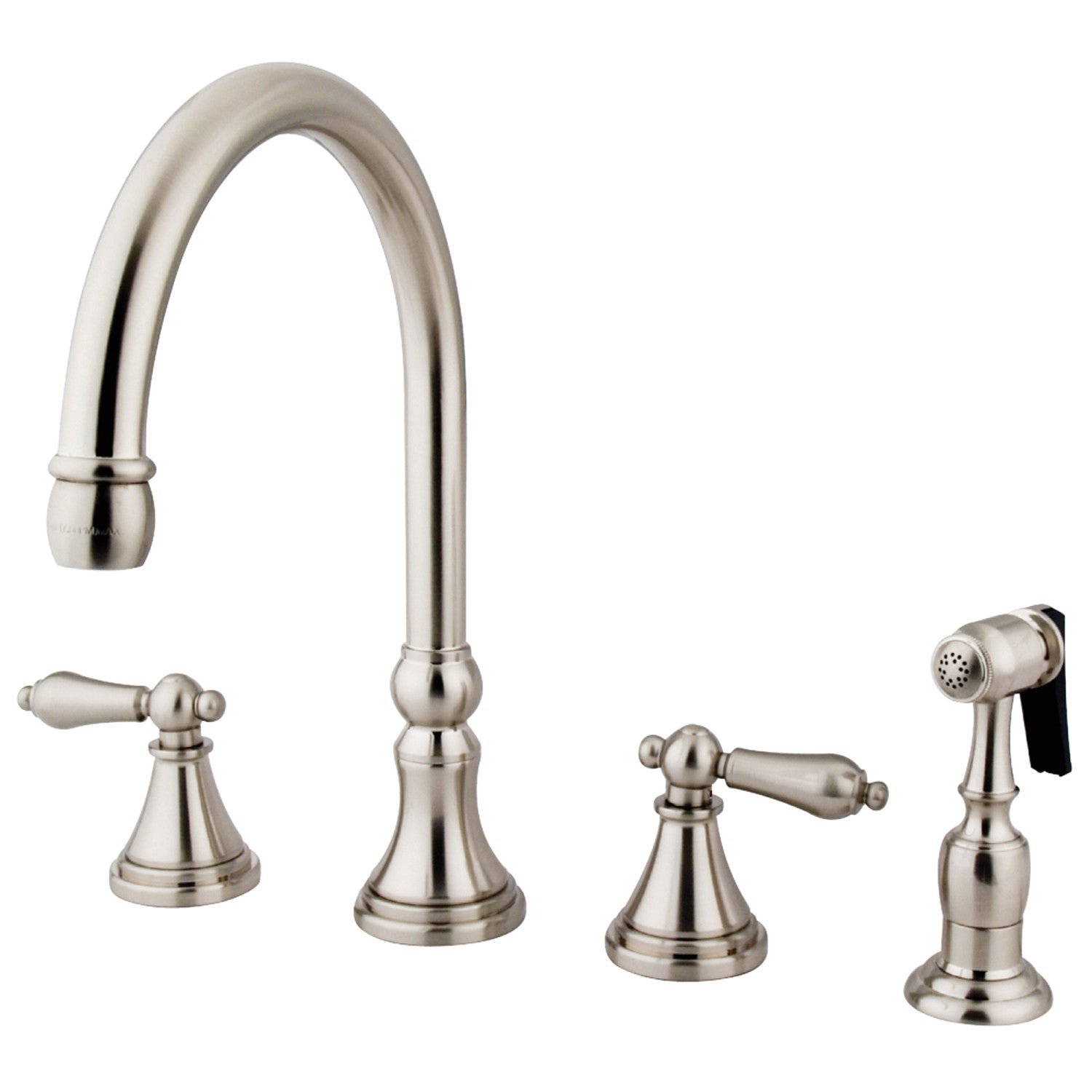 Kingston Tulare KS2798ALBS - Governor Double-Handle 4-Hole Widespread Kitchen Faucet with Brass Sprayer, Brushed Nickel