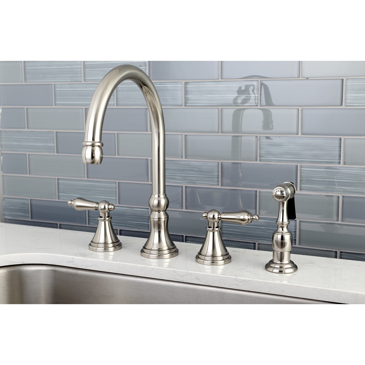 Kingston Tulare KS2798ALBS - Governor Double-Handle 4-Hole Widespread Kitchen Faucet with Brass Sprayer, Brushed Nickel — thumbnail 2