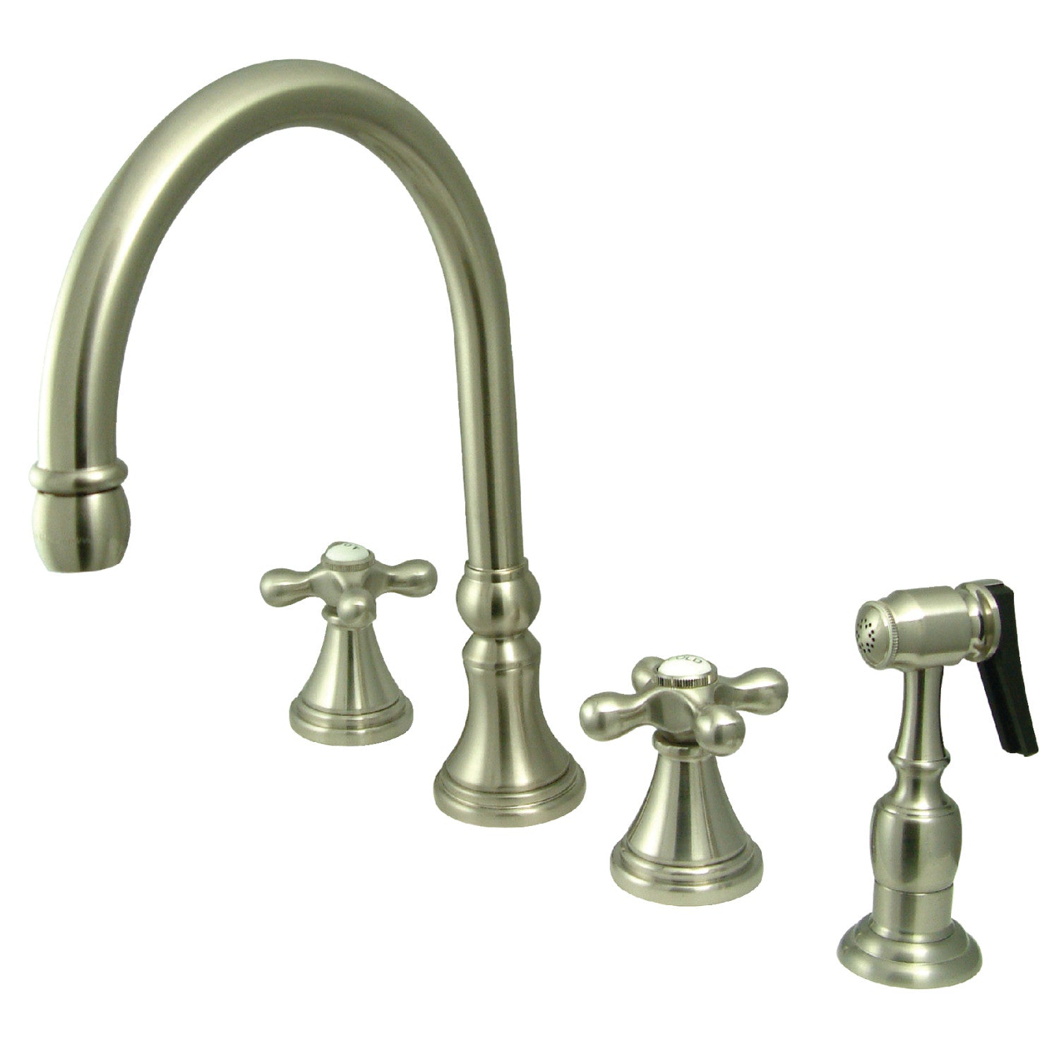 Kingston Tulare KS2798AXBS - Governor Double-Handle 4-Hole Widespread Kitchen Faucet with Brass Sprayer, Brushed Nickel