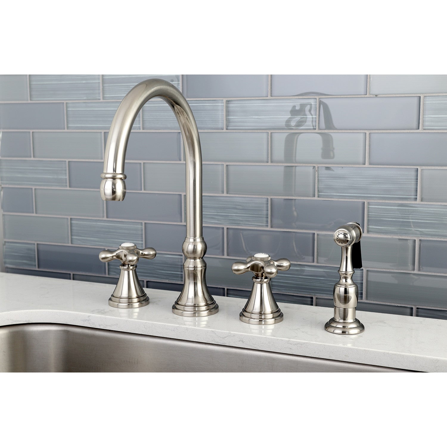 Kingston Tulare KS2798AXBS - Governor Double-Handle 4-Hole Widespread Kitchen Faucet with Brass Sprayer, Brushed Nickel — thumbnail 2