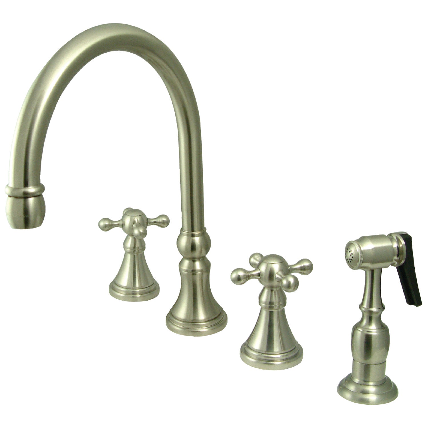 Kingston Tulare KS2798KXBS - Governor Double-Handle 4-Hole Widespread Kitchen Faucet with Brass Sprayer, Brushed Nickel