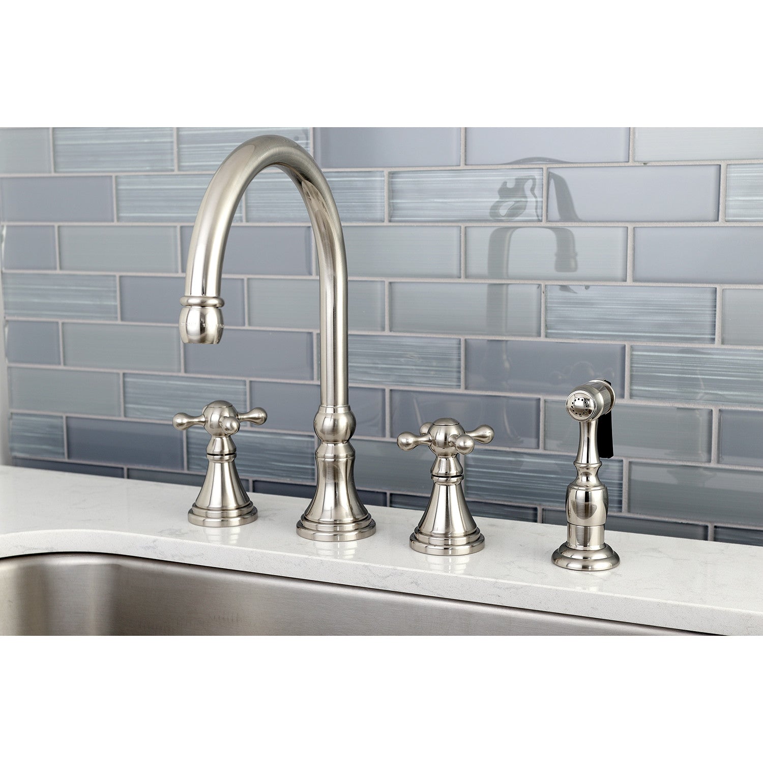 Kingston Tulare KS2798KXBS - Governor Double-Handle 4-Hole Widespread Kitchen Faucet with Brass Sprayer, Brushed Nickel — thumbnail 2