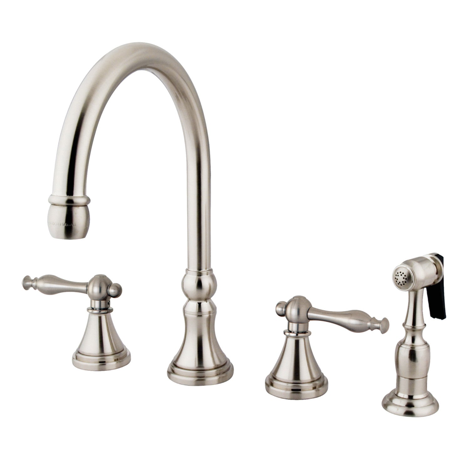 Kingston Tulare KS2798NLBS - Governor Double-Handle 4-Hole Widespread Kitchen Faucet with Brass Sprayer, Brushed Nickel