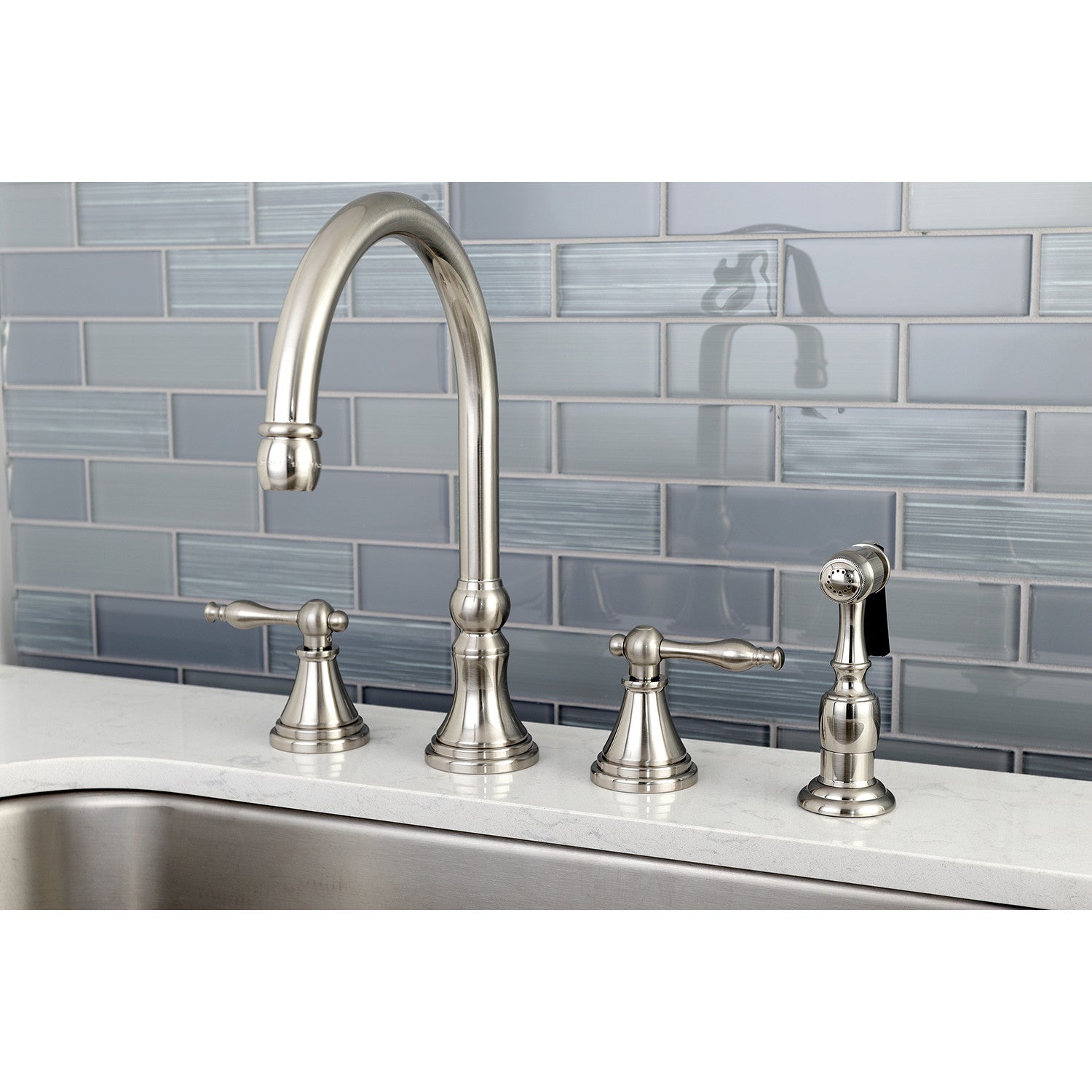 Kingston Tulare KS2798NLBS - Governor Double-Handle 4-Hole Widespread Kitchen Faucet with Brass Sprayer, Brushed Nickel — thumbnail 2