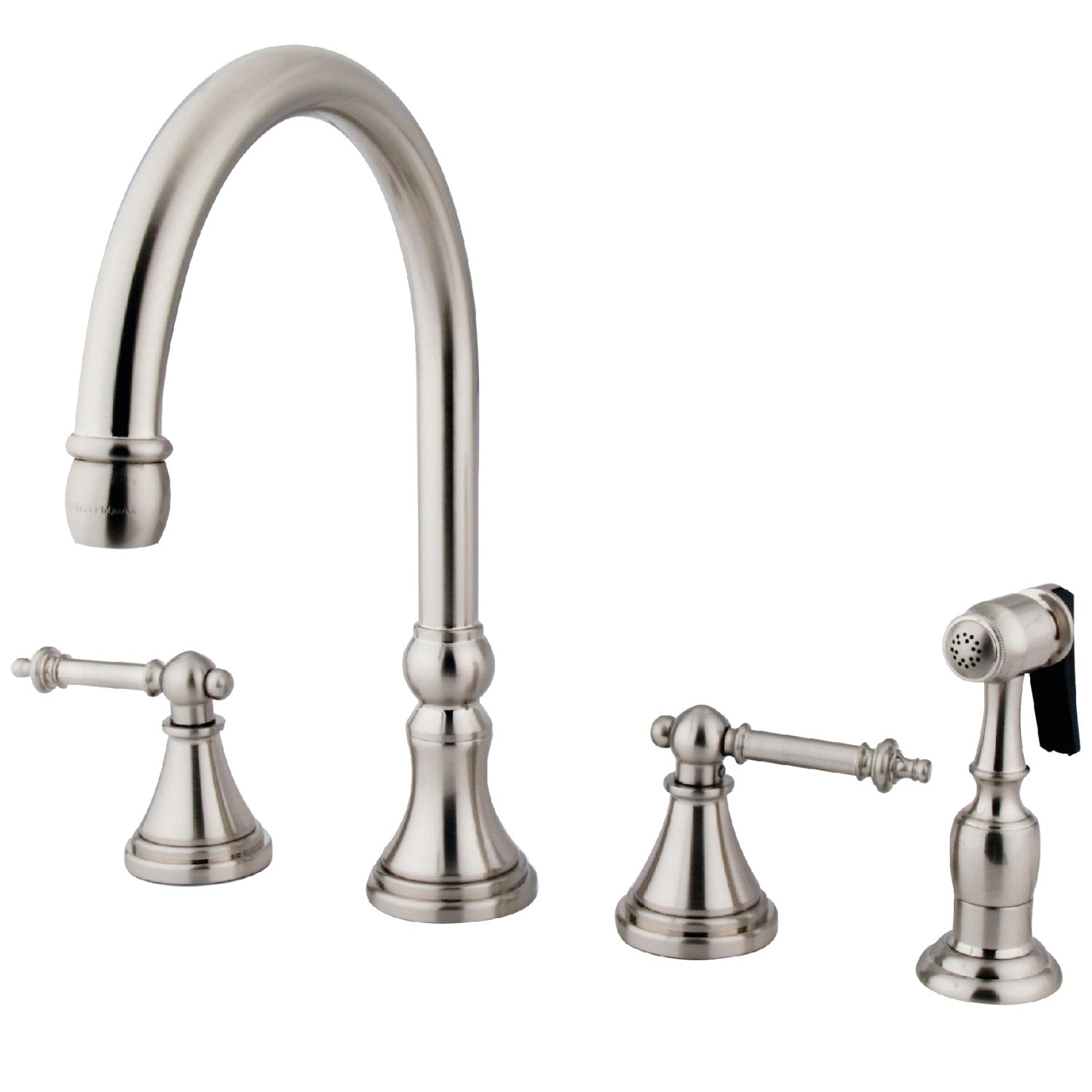 Kingston Tulare KS2798TLBS - Templeton Double-Handle 4-Hole Widespread Kitchen Faucet with Brass Sprayer, Brushed Nickel