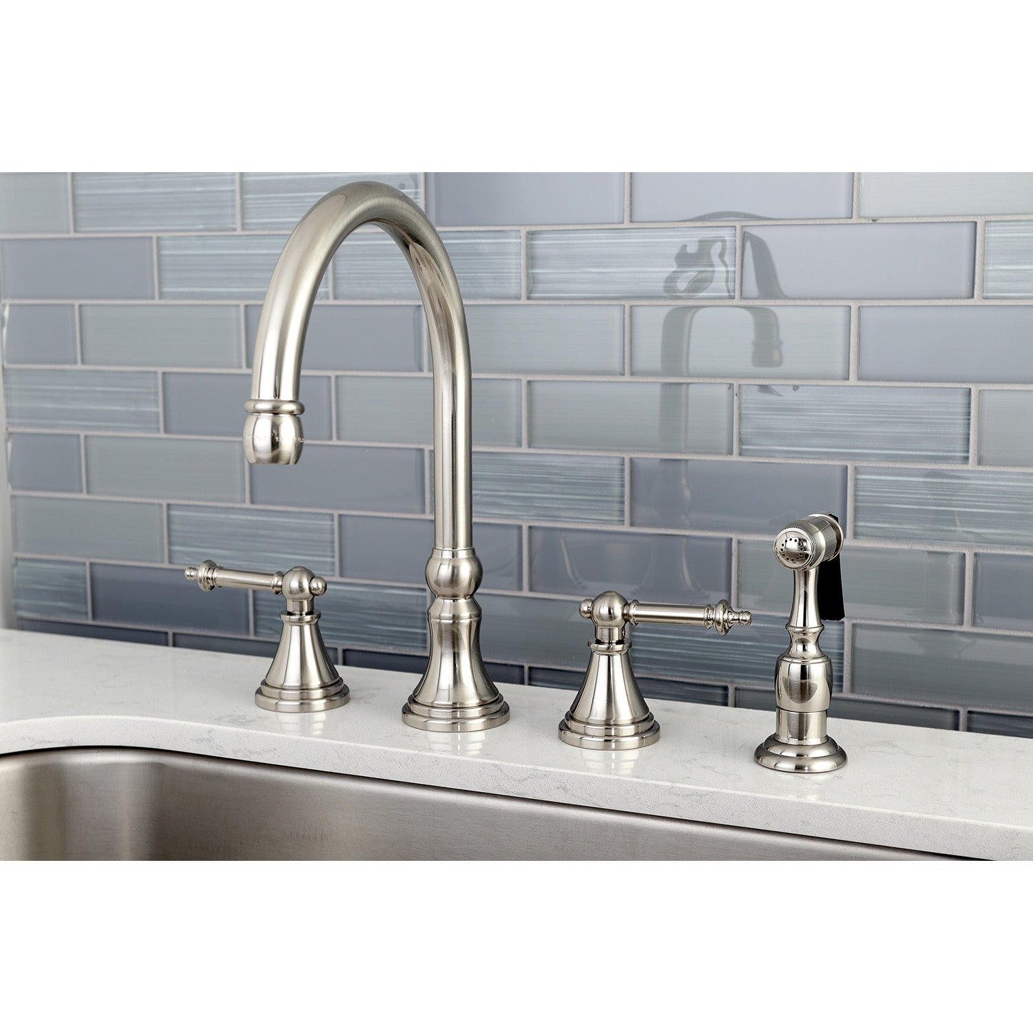 Kingston Tulare KS2798TLBS - Templeton Double-Handle 4-Hole Widespread Kitchen Faucet with Brass Sprayer, Brushed Nickel — thumbnail 2