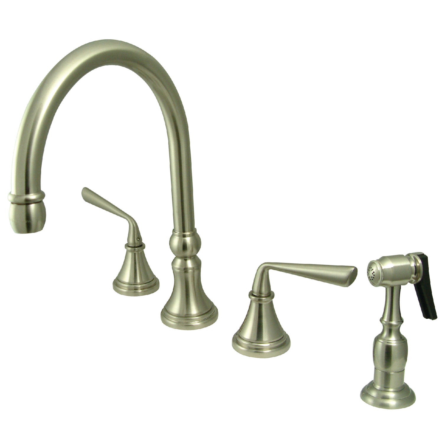 Kingston Tulare KS2798ZLBS - Silver Sage Double-Handle 4-Hole Widespread Kitchen Faucet with Brass Sprayer, Brushed Nickel