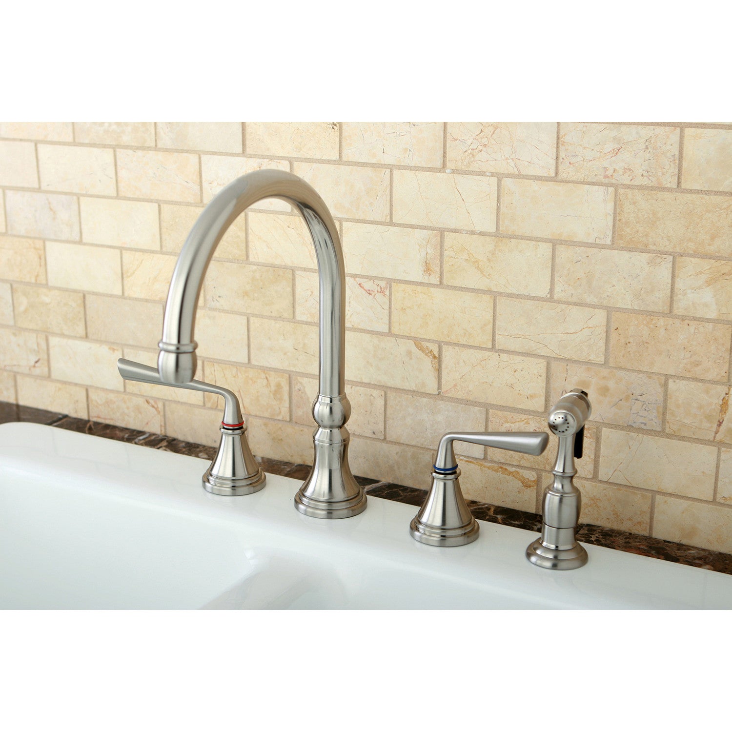 Kingston Tulare KS2798ZLBS - Silver Sage Double-Handle 4-Hole Widespread Kitchen Faucet with Brass Sprayer, Brushed Nickel — thumbnail 3