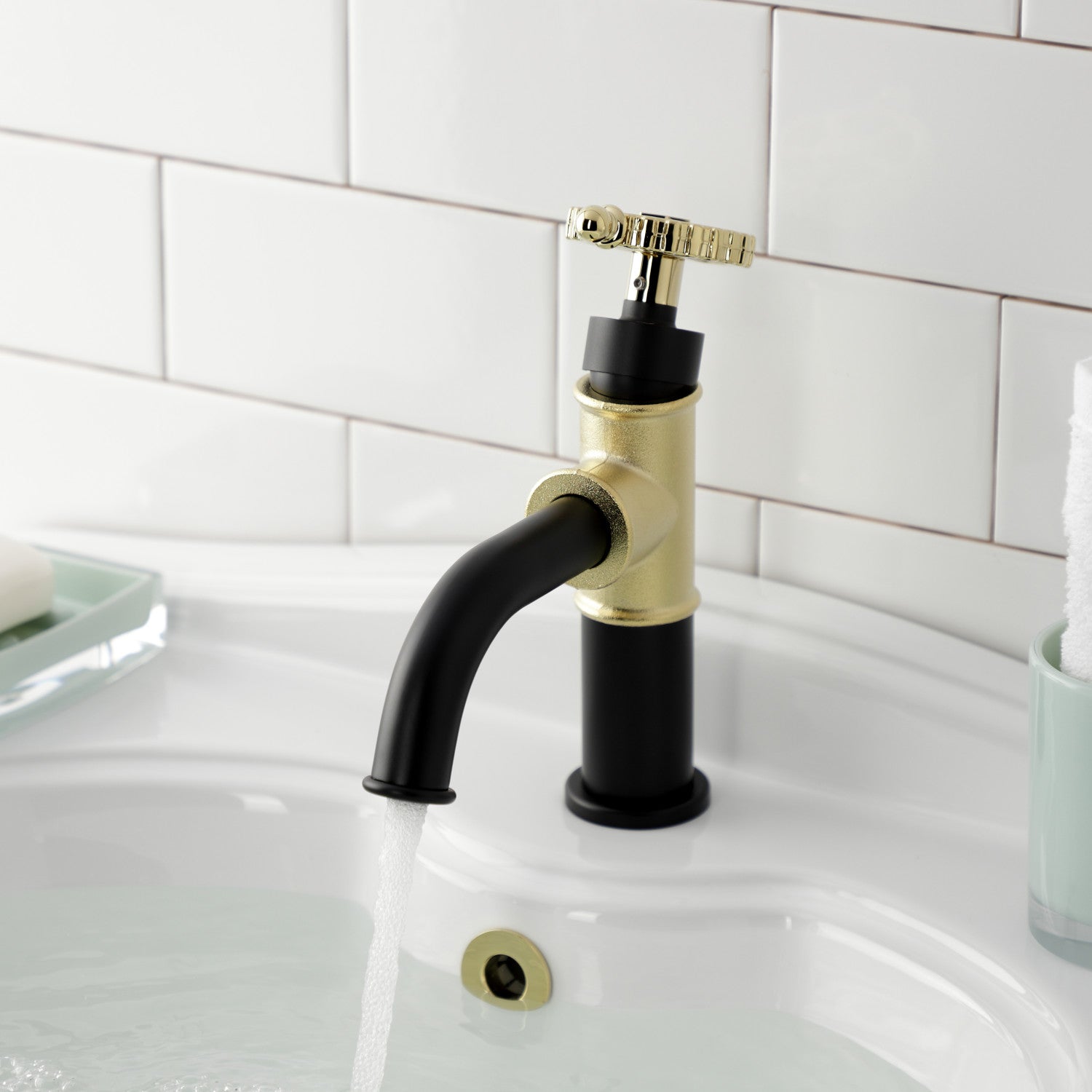 Kingston Sona KS2822CG - Fuller One-Handle 1-Hole Bathroom Faucet with Push Pop-Up Drain, Matte Black/Polished Brass — thumbnail 3