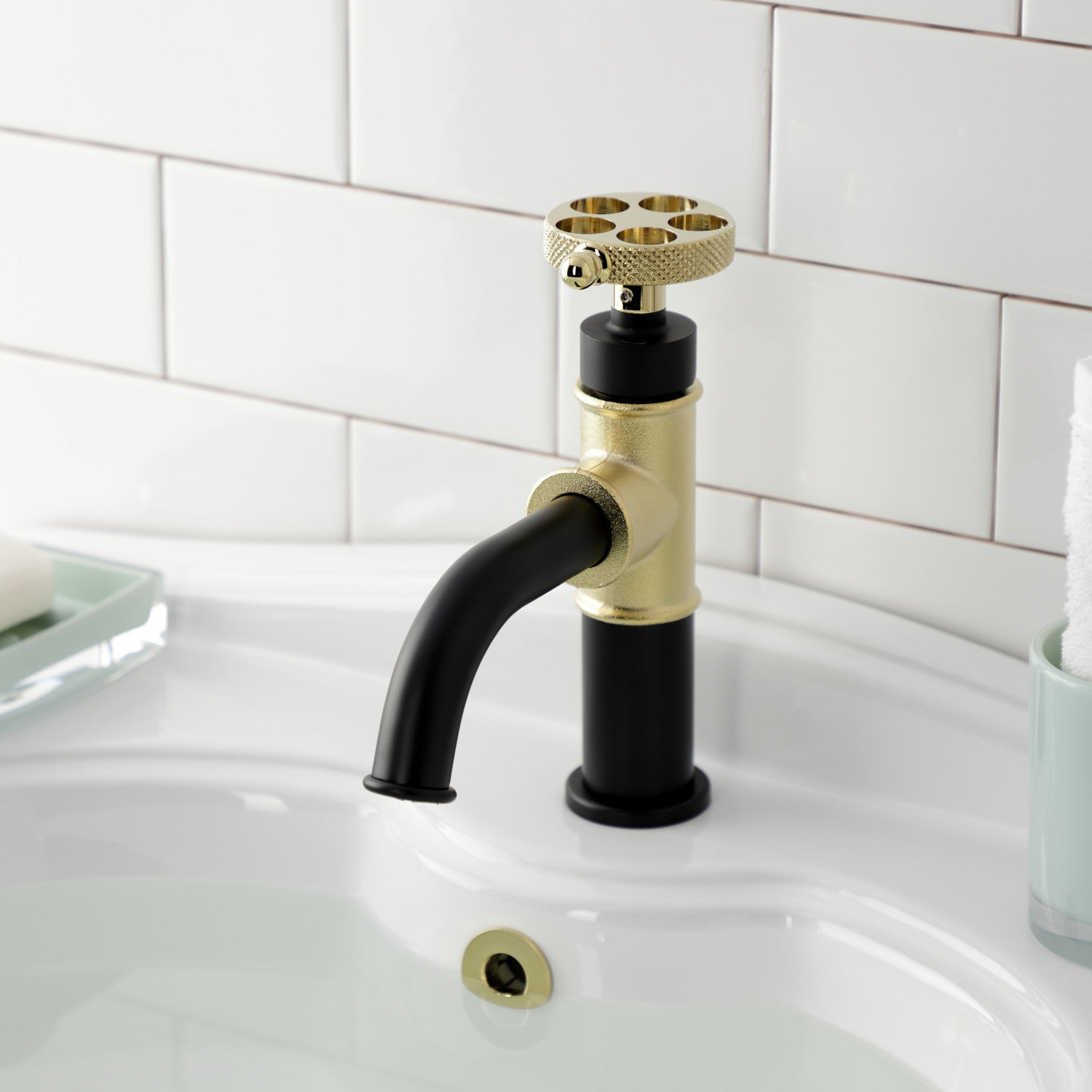 Kingston Sona KS2822RKX - Webb One-Handle 1-Hole Bathroom Faucet with Knurled Handle and Push Pop-Up Drain, Matte Black/Polished Brass — thumbnail 2