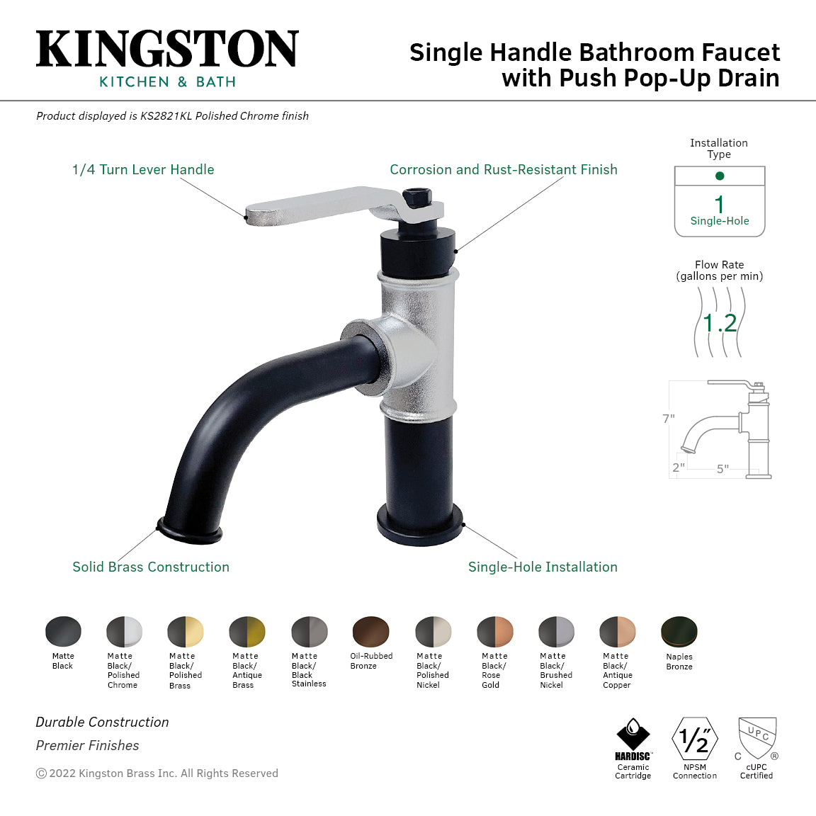 Kingston Heirloom KS2825KL - Whitaker One-Handle 1-Hole Bathroom Faucet with Push Pop-Up Drain, Oil Rubbed Bronze — thumbnail 2