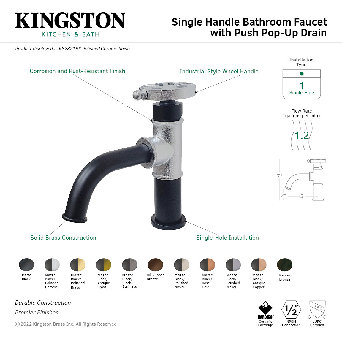 Kingston Heirloom KS282RXAC - Belknap One-Handle 1-Hole Bathroom Faucet with Push Pop-Up Drain, Matte Black/Antique Copper — thumbnail 2