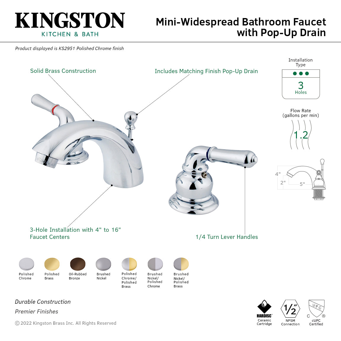 Kingston Tulare KS2951 - Naples Mini-Widespread Bathroom Faucet with Brass Pop-Up Drain, Polished Chrome — thumbnail 2