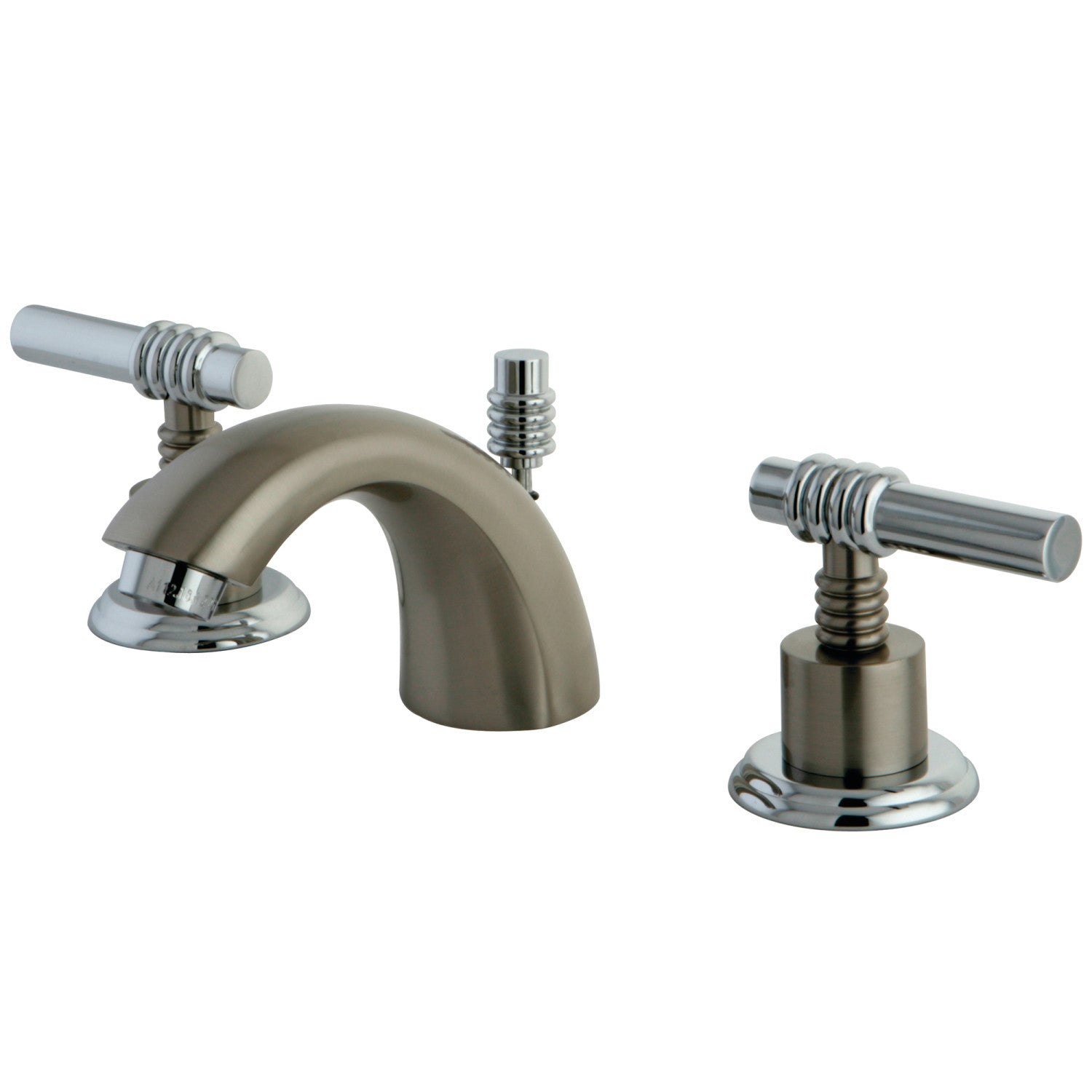 Kingston Tulare KS2957MLTwo-Handle 3-Hole Deck Mount Mini-Widespread Bathroom Faucet with Brass Pop-Up, Brushed Nickel/Polished Chrome