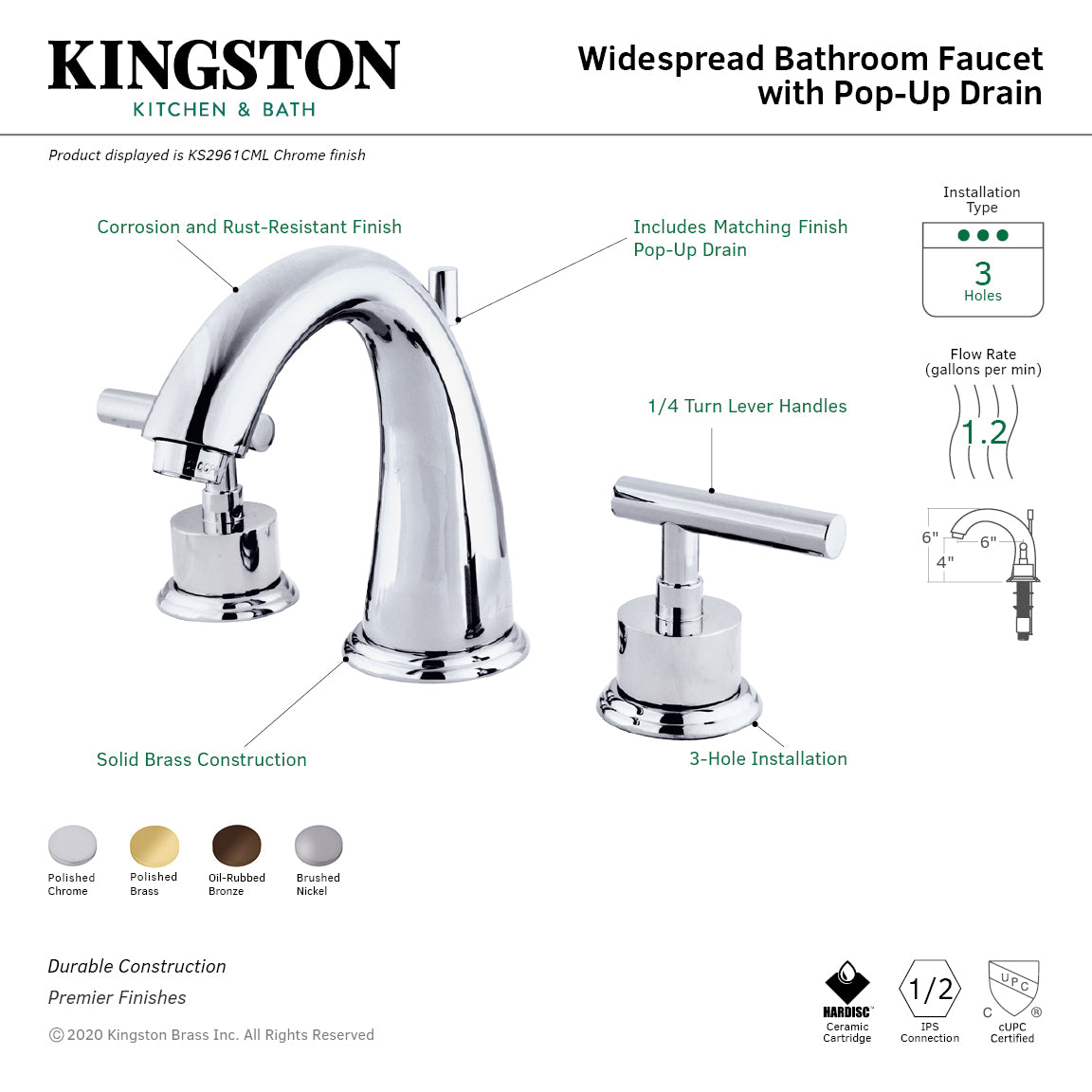 Kingston Tulare KS2961CML - Manhattan Two-Handle 3-Hole Deck Mount Widespread Bathroom Faucet with Brass Pop-Up, Polished Chrome — thumbnail 2