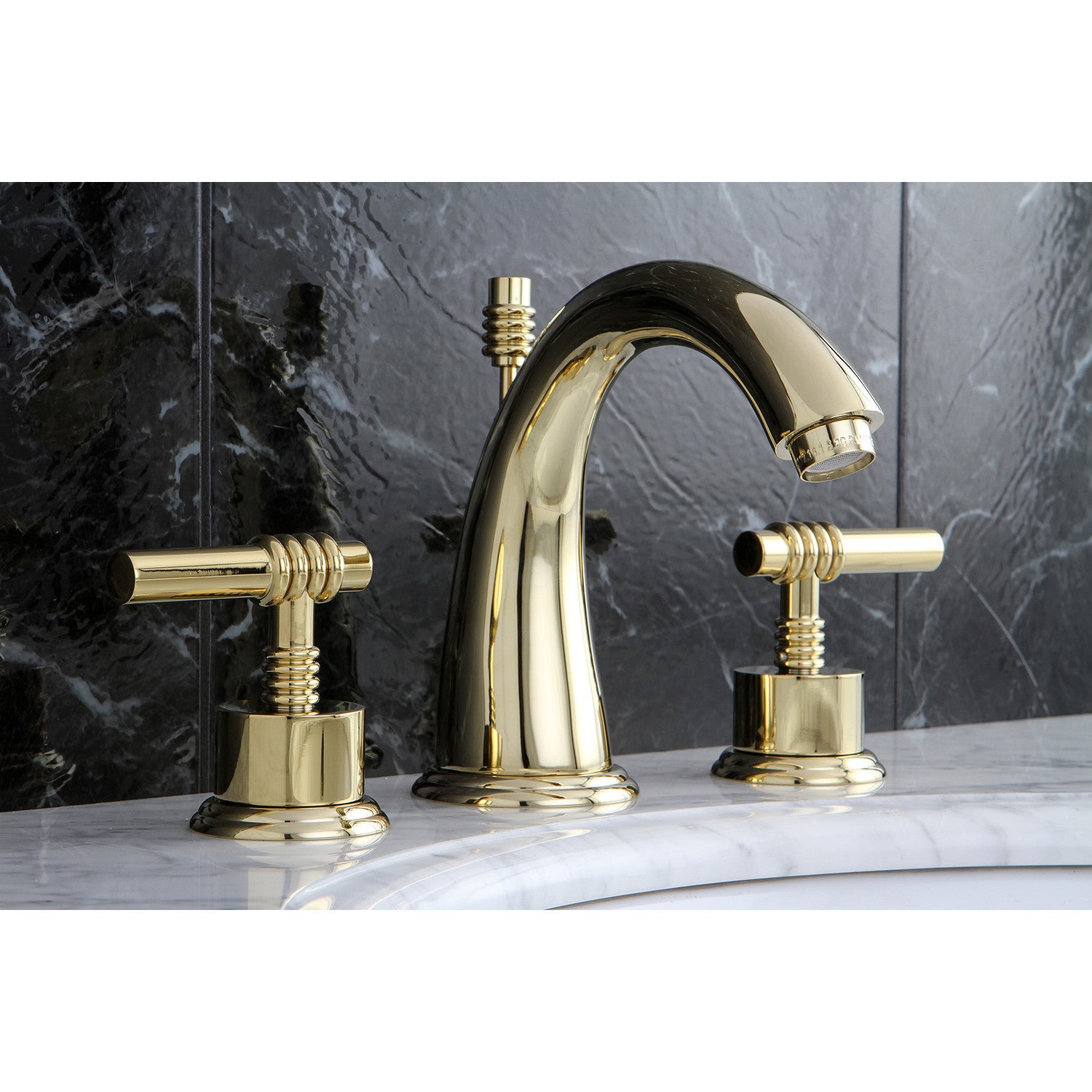Kingston Tulare KS2962ML - Milano Two-Handle 3-Hole Deck Mount Widespread Bathroom Faucet with Brass Pop-Up, Polished Brass — thumbnail 2