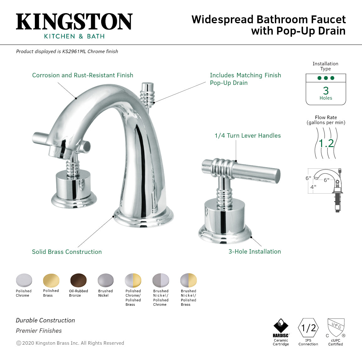 Kingston Tulare KS2962ML - Milano Two-Handle 3-Hole Deck Mount Widespread Bathroom Faucet with Brass Pop-Up, Polished Brass — thumbnail 3