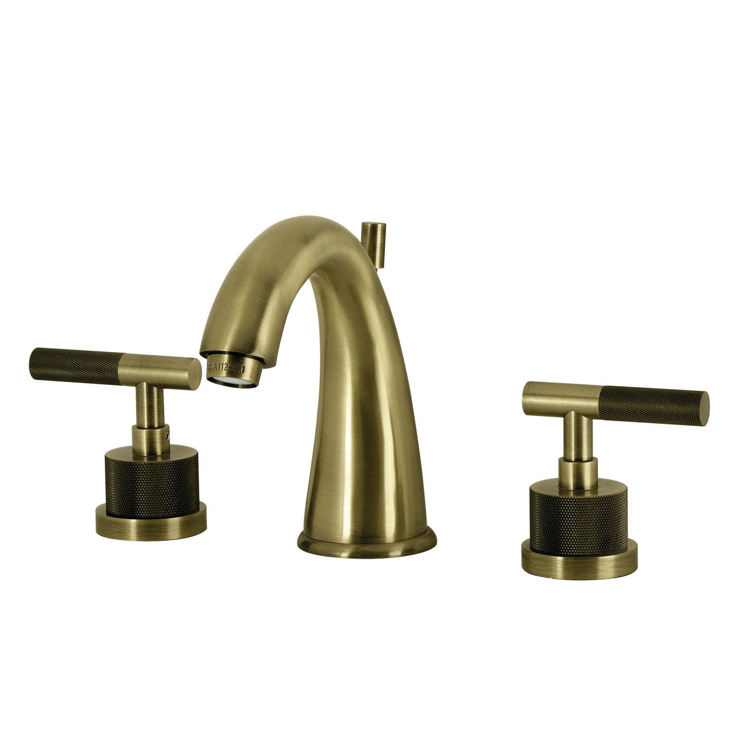 Kingston Tulare KS2963KNL - Convergent Two-Handle 3-Hole Deck Mount Widespread Bathroom Faucet with Knurled Handle and Brass Pop-Up, Antique Brass