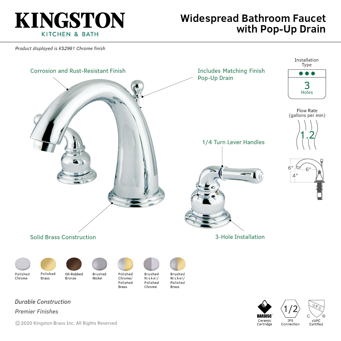 Kingston Tulare KS2964 - Naples Two-Handle 3-Hole Deck Mount Widespread Bathroom Faucet with Brass Pop-Up, Polished Chrome/Polished Brass — thumbnail 2