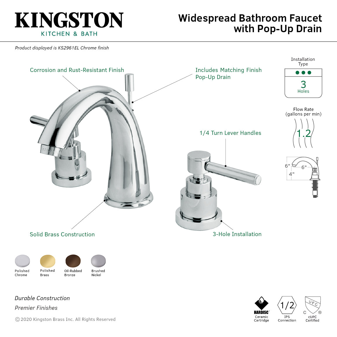 Kingston Tulare KS2965EL - Elinvar Two-Handle 3-Hole Deck Mount Widespread Bathroom Faucet with Brass Pop-Up, Oil Rubbed Bronze — thumbnail 2