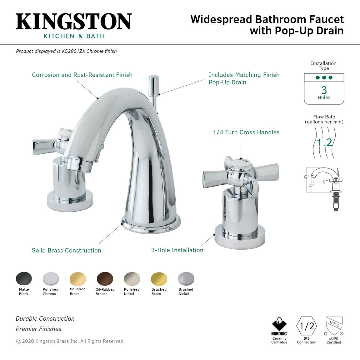 Kingston Tulare KS2966ZX - Millennium Two-Handle 3-Hole Deck Mount Widespread Bathroom Faucet with Brass Pop-Up, Polished Nickel — thumbnail 2