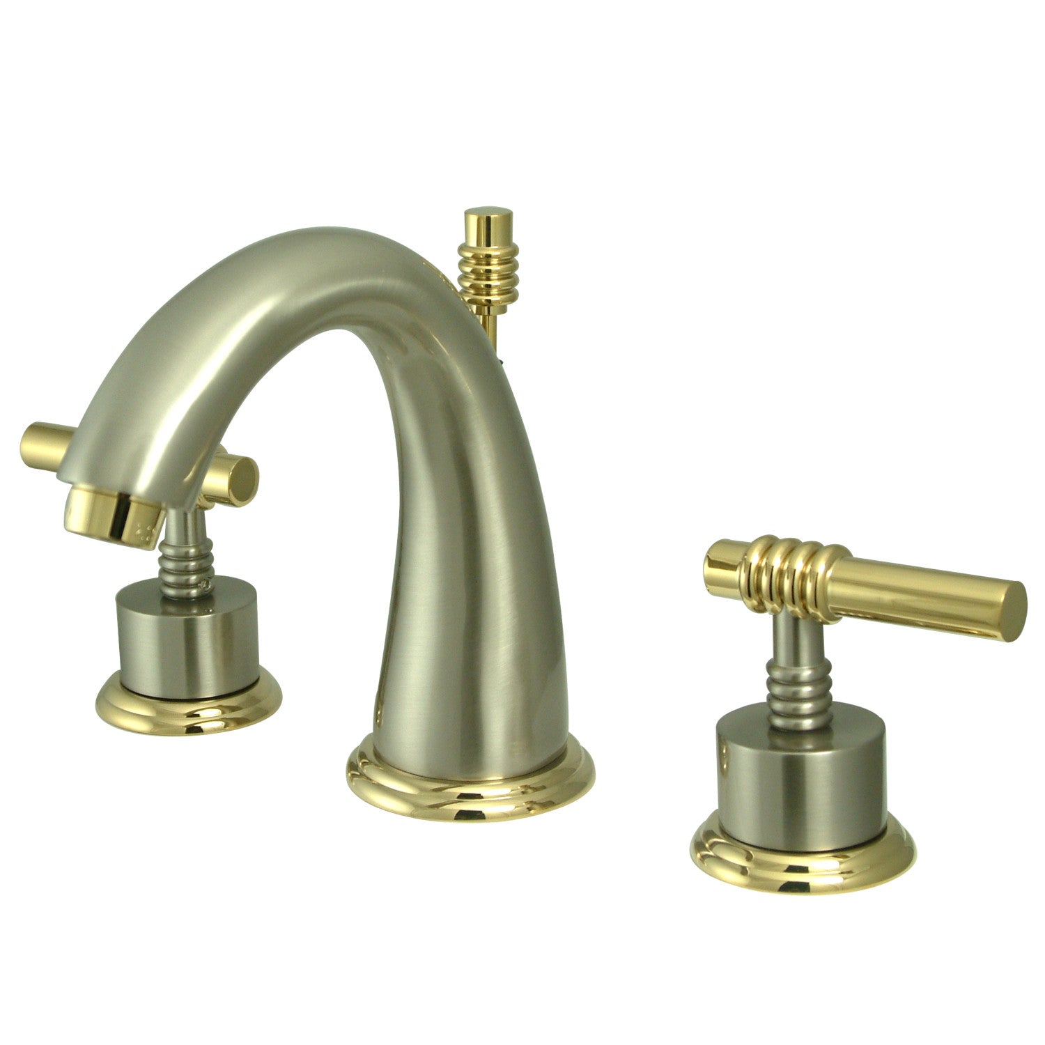 Kingston Tulare KS2969ML - Milano Two-Handle 3-Hole Deck Mount Widespread Bathroom Faucet with Brass Pop-Up, Brushed Nickel/Polished Brass
